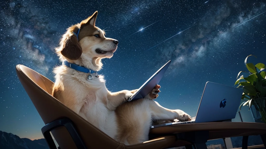 Create a painting that meets the following criteria:
Upward angle, HD, Disney Pixar style, digital painting, natural light, rich background, edge lighting, dreamy tones and colors, 16:9 aspect ratio. This painting shows a cute dog wearing headphones sitting in a chair and using a laptop. The background is a night sky with stars. The image uses a gentle light blue color. The dog's expression looks very sleepy. The background of the painting is a dreamy starry sky decorated with stars and soft halos scattered across the night sky.
