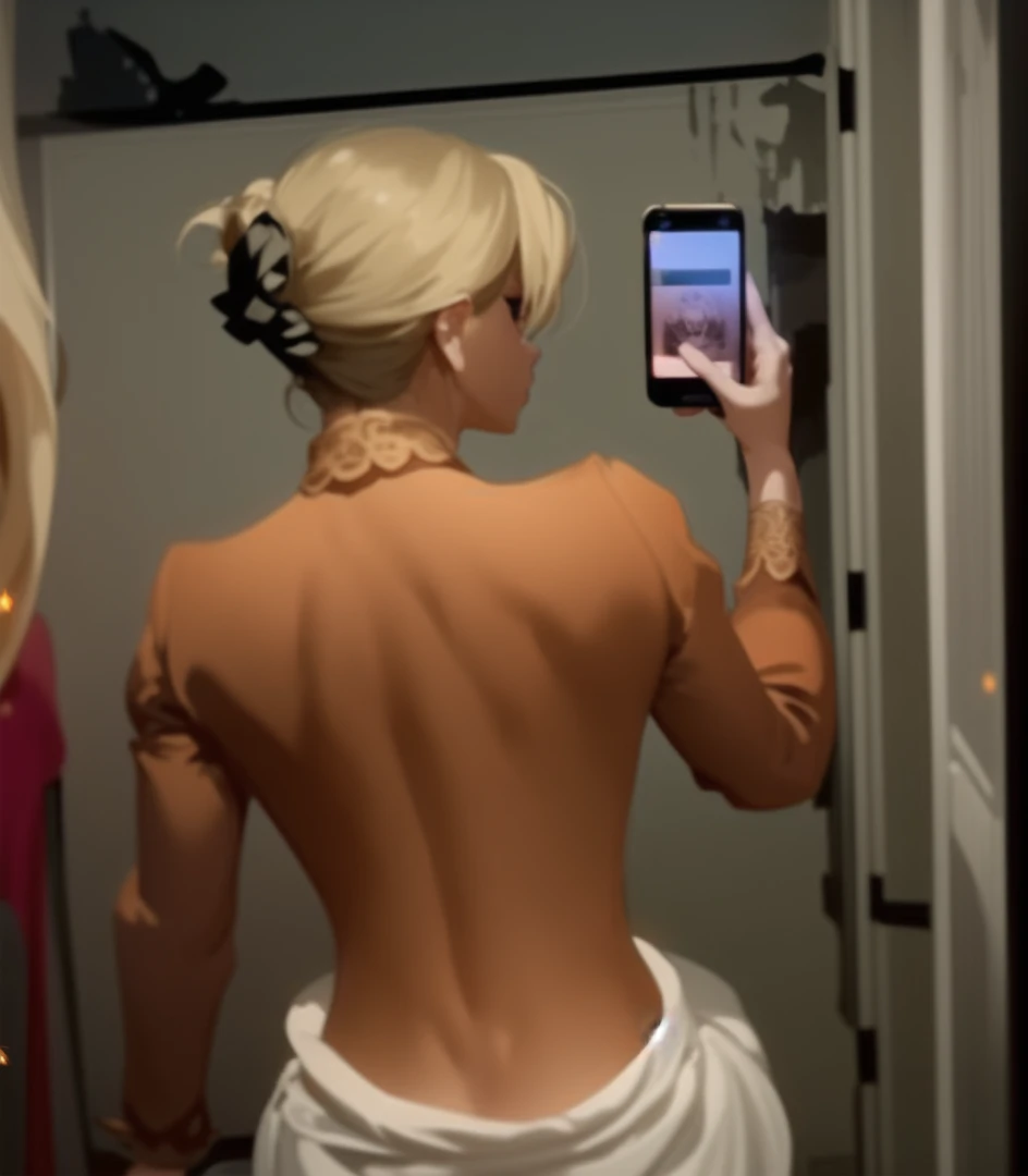 light particles, soft lighting, volumetric lighting, intricate details, finely detailed,1girl, solo,blonde hair, long hair, high ponytail,red eyes, long eyelashes, thick eyelashes, looking at viewer,red dress, ornate dress, backless dress, puffy sleeves, juliet sleeves, (long sleeves:1.2), red bow,black background, simple background, from behind,nude