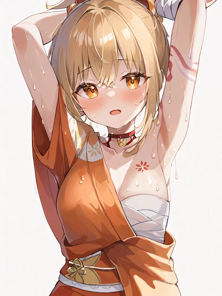 Super detailed,(Highest quality),((masterpiece)),(High resolution),original,very,(\Small merit\),One girl, Underarm, chest, alone, blush, Blonde, View your viewers, orange kimono, Raise the hand, kimono, kimono, chestの谷間, Arm tattoo, Sweat, Red choker, bandage, Put your arms behind your head, White Background, Simple Background, Hair between the eyes, bangs, chestのタトゥー, Yellow Eyes, Orange eyes, medium chest, Mouth closed, Underarmを見せる