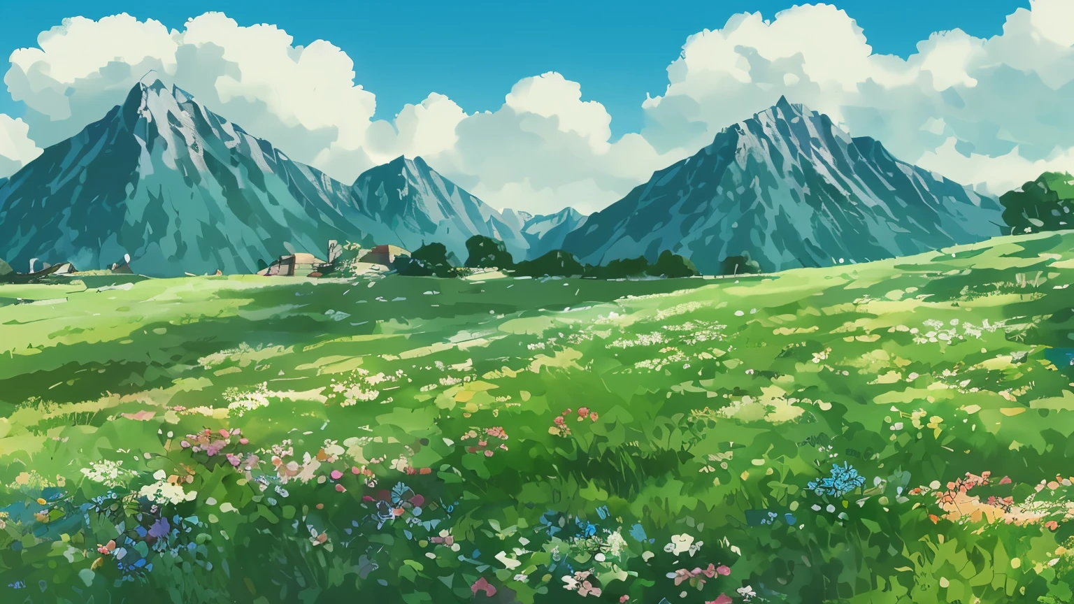 Beautiful countryside, blue sky, Studio Ghibli style, No people, Mountain hut
, Mountain,