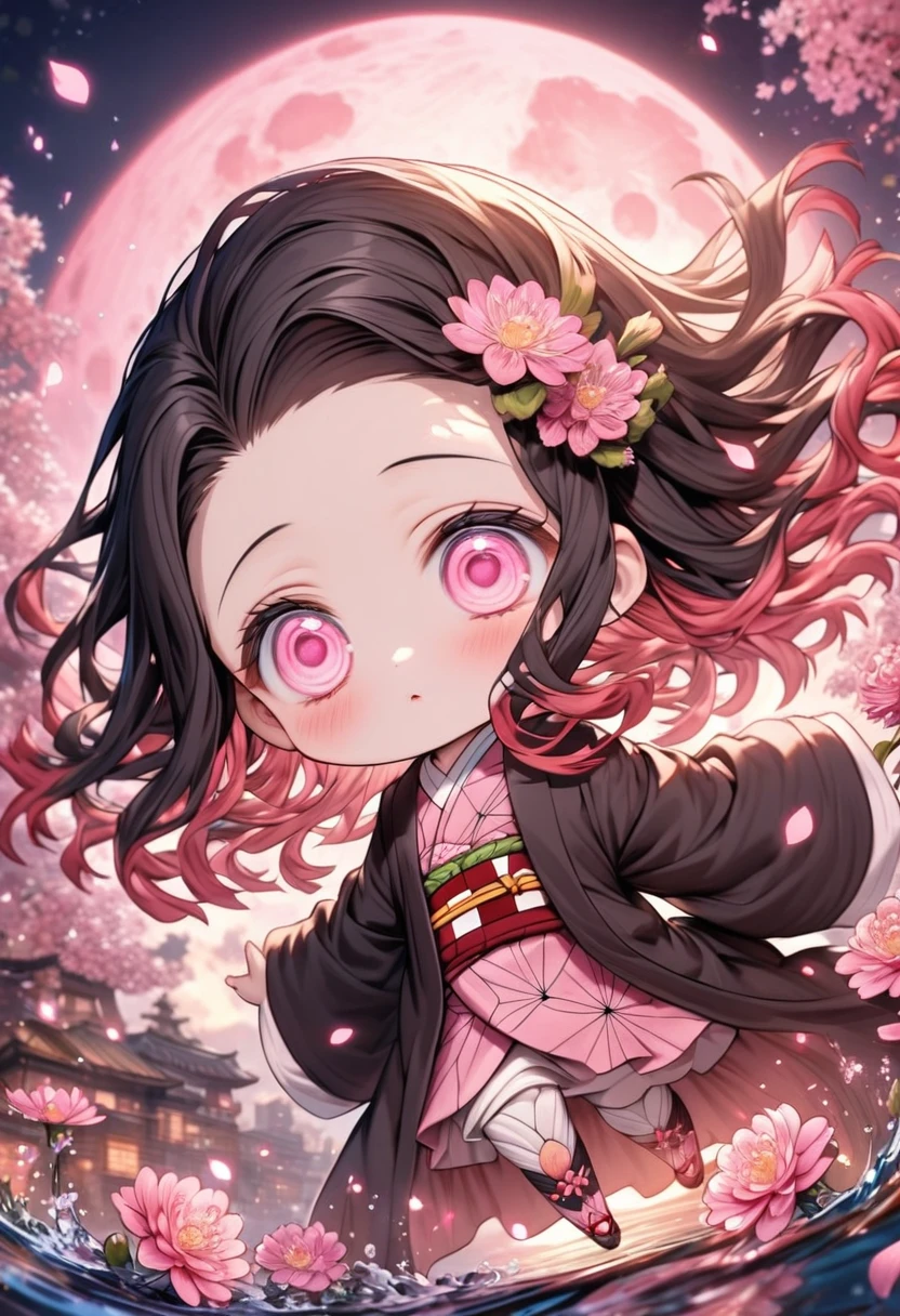 absurdres, highres, ultra detailed, HDR, master piece, best quality, extremely detailed, Kamado Nezuko chibi, black hair, expressive pink eyes, Kimetsu No Yaiba, solo, cute, black haori, pink kimono, fantasy, water, sparkling, pink glittering fireflies, pink moon, pink blossoms, pink chrysanthemums, pink sparkling lights, starry sky