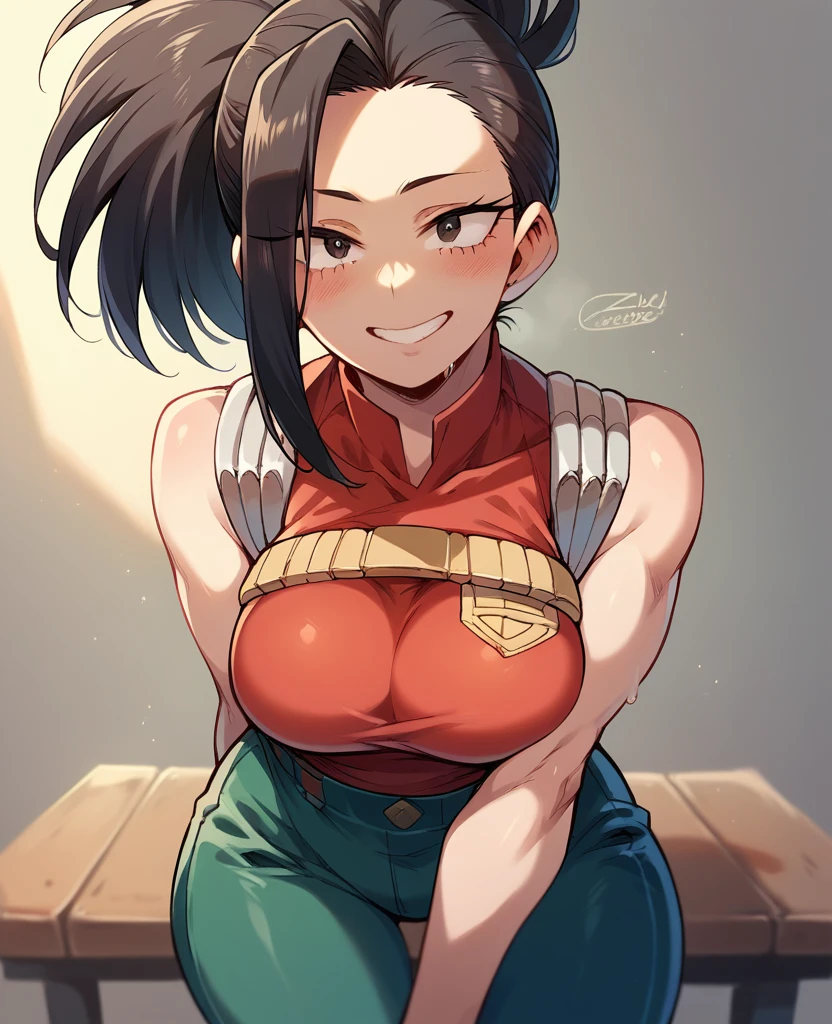 momo yaoyorozu from My Hero Academia wearing very sexy farm girl clothes while working hard with a smile