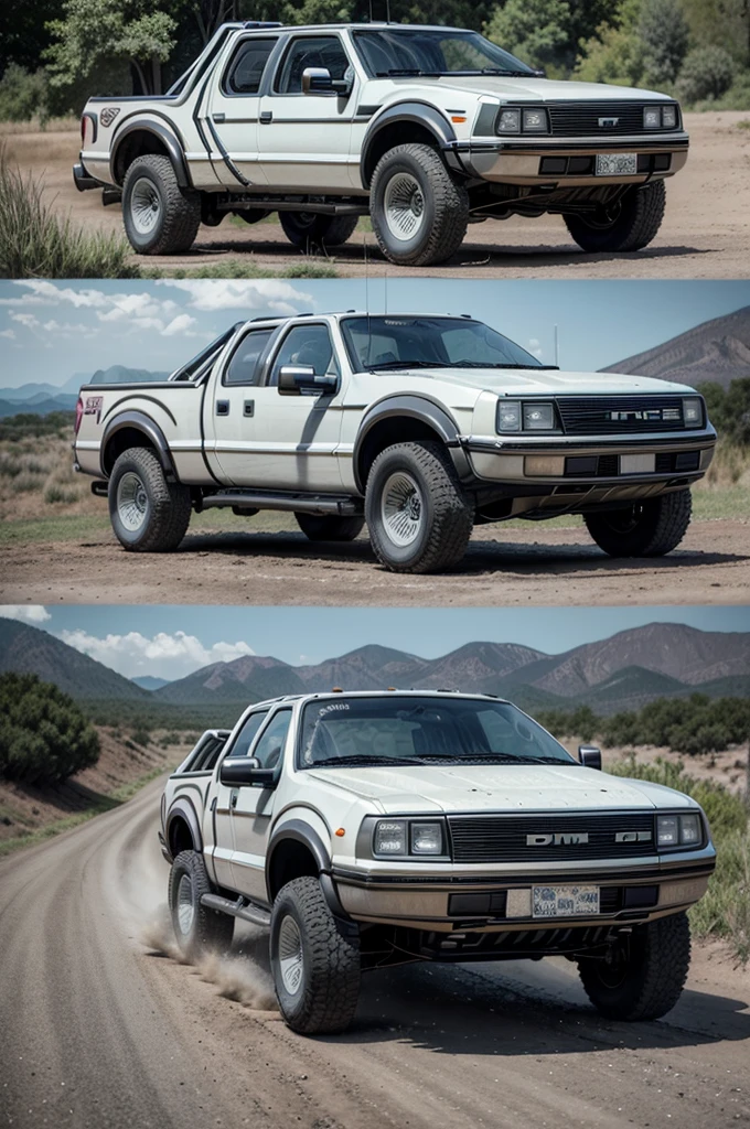 create a movie set "back to the Future" but it takes place in the age of the dinosaurs and the main car, he delorean drives a ford f150 raptor, A truck. Also that a dinosaur is running towards the truck and the truck is running away from the dinosaur.. the truck that travels in time like the delorean, now it's in the past, in the age of the dinosaurs where there dinosaurs, jurassic plants and landscapes