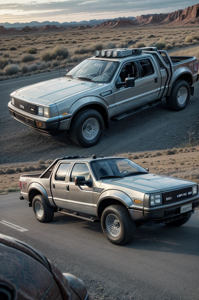 create a movie set "back to the Future" but it takes place in the age of the dinosaurs and the main car, he delorean drives a ford f150 raptor, A truck. Also that a dinosaur is running towards the truck and the truck is running away from the dinosaur.. the truck that travels in time like the delorean, now it&#39;s in the past, in the age of the dinosaurs where there dinosaurs, jurassic plants and landscapes 