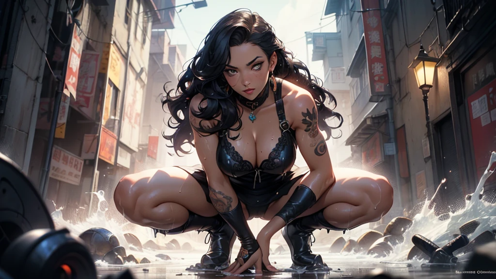 full body portraite of a beautiful woman, squatting with legs open, ((perfect female face)), (+long colorful wavy hair), (sheen freckles), sheen, wearing a dress, intricate, 8K, highy detailed, volumetric lighting, digitalpainting, concentrated, Spitz, focusing,character design concept art, (darkskin:1.3), evil, (regal), monarch,athletic body, ((tatuados)), (((breasts big))), (cleavage burst:1.3), (((big-ass))),strong legs, ((soggy)), Magnificent, chic, (dreds:0.9), high fantasy, portraite, perfect rendered face, perfect face details, grim, medium shot,lifelike face, photo realist, analog style, boyfriend, work of art, best qualityer, ((intricate detail)), high resolution, ((withdrew)), cinematic lighting, (((真实感))) by Richard Corben, por Miles Aldridge, por John Atkinson Grimshaw, art by artgerm and rutkowski and alphonse mucha, CG Society