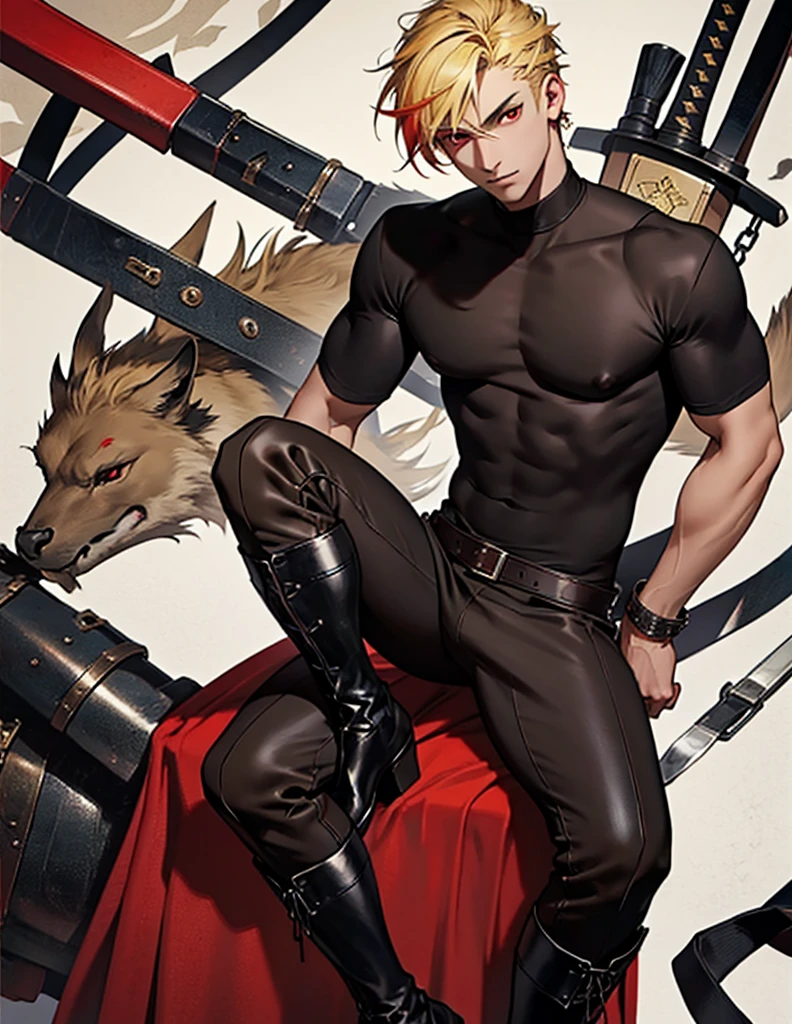 Well-made face high quality resolution 88 view of the face perfect beautiful handsome Galician boy with red eyes short hair view of the whole body with a black shirt medieval clothes and leather boots sword blonde hair yellow hair misa tank top open sample chest red eye