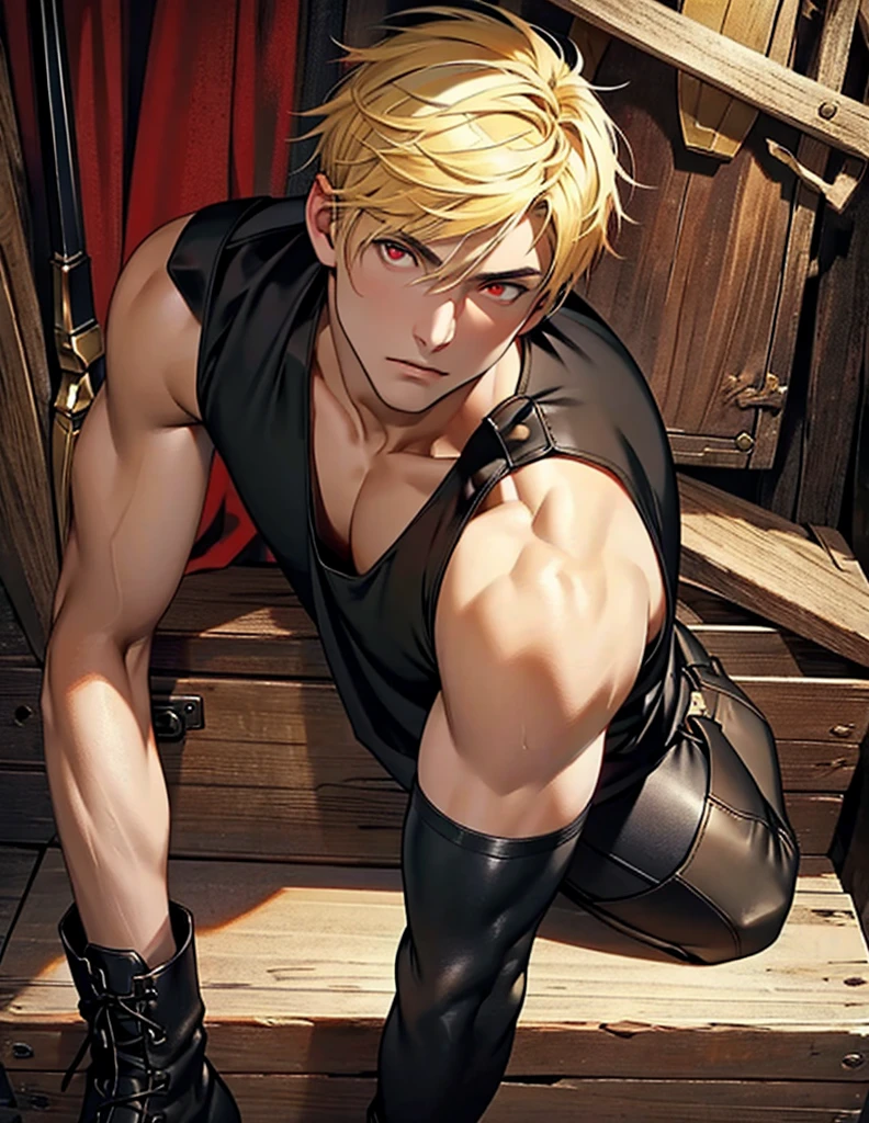 Well-made face high quality resolution 88 view of the face perfect beautiful handsome Galician boy with red eyes short hair view of the whole body with a black shirt medieval clothes and leather boots sword blonde hair yellow hair misa tank top open sample chest red eye