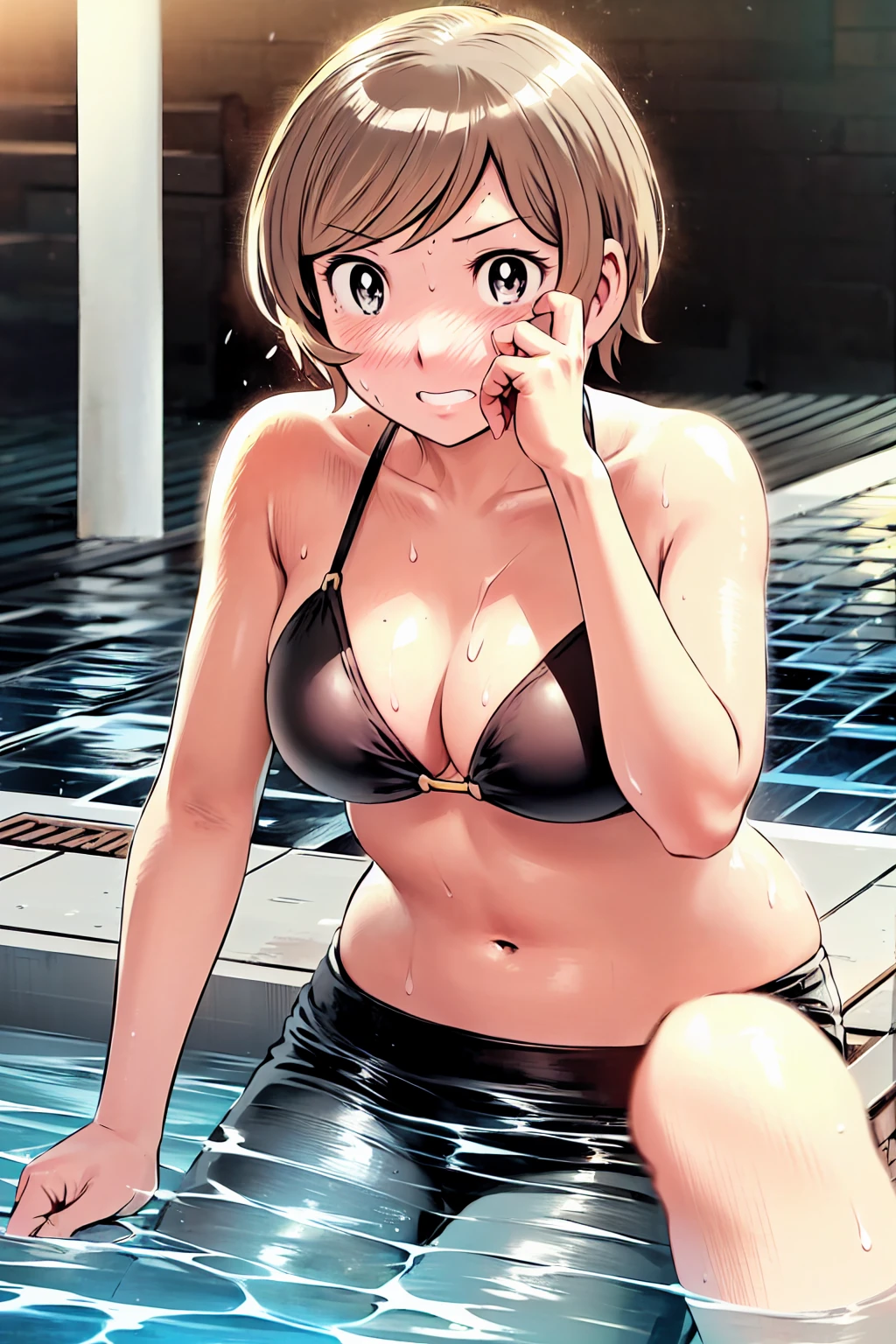 、(masterpiece、Highest quality)、Highest quality, Ultra-high resolution, (((masterpiece))), alone, Sweat、Big eyes, Composition from the front、Shortcuts、Embarrassed face、Bronze colored hair、Cut your hair short、Poolside、Black Micro Bikini、belly on、short hair、(Bronze colored hair)