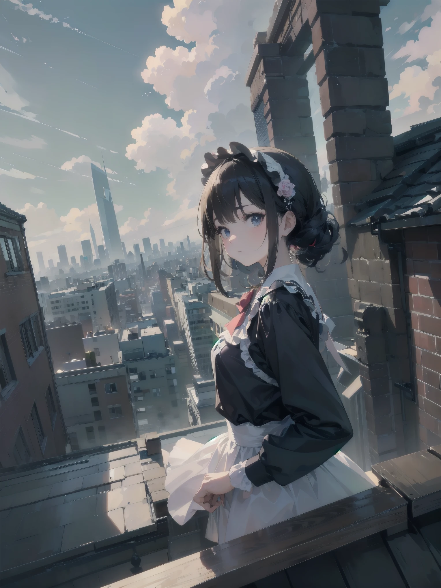 masterpiece、so beautiful、Clear contours、Cute pose of a ta aristocrat、(building, city, cloudy null, Dutch Angle, From the side, Slight frown, View your viewers, Outdoor, rooftop, null, nullscraper