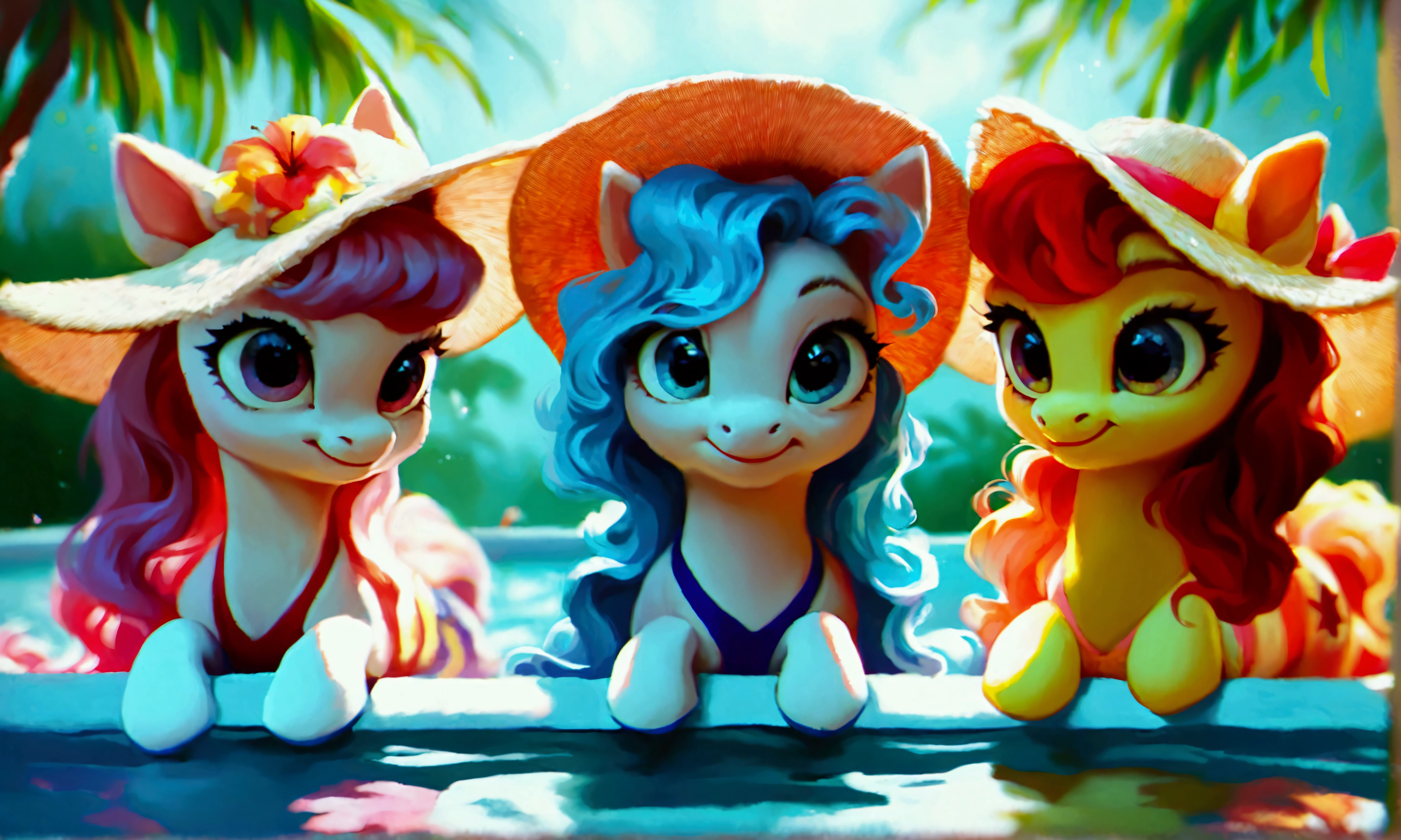 score_9, score_8_up, score_7_up, (three cute ponies sitting under umbrella at pool party:1.4), (((drinking cocktails))), wearing Goth accessories, wavy hair, sunlit, (((decorations))), summer dress with intricate design, tropical nature, (clouds:0.5), realistic retro artstyle, bright colors, rating_safe.
