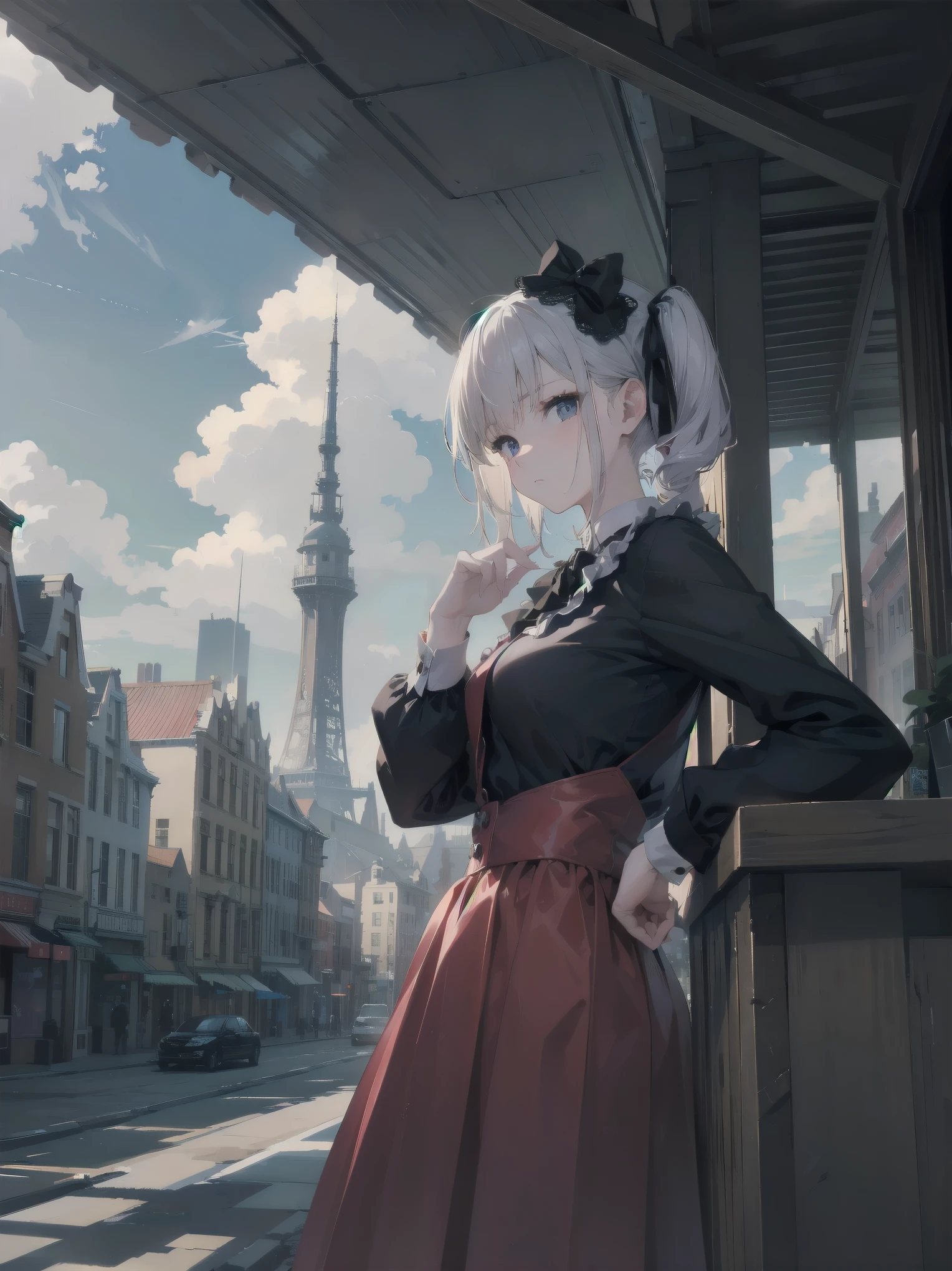 masterpiece、so beautiful、Clear contours、Cute pose of a lolita aristocrat、(building, city, cloudy null, Dutch Angle, From the side, Slight frown, View your viewers, Outdoor, rooftop, null, nullscraper