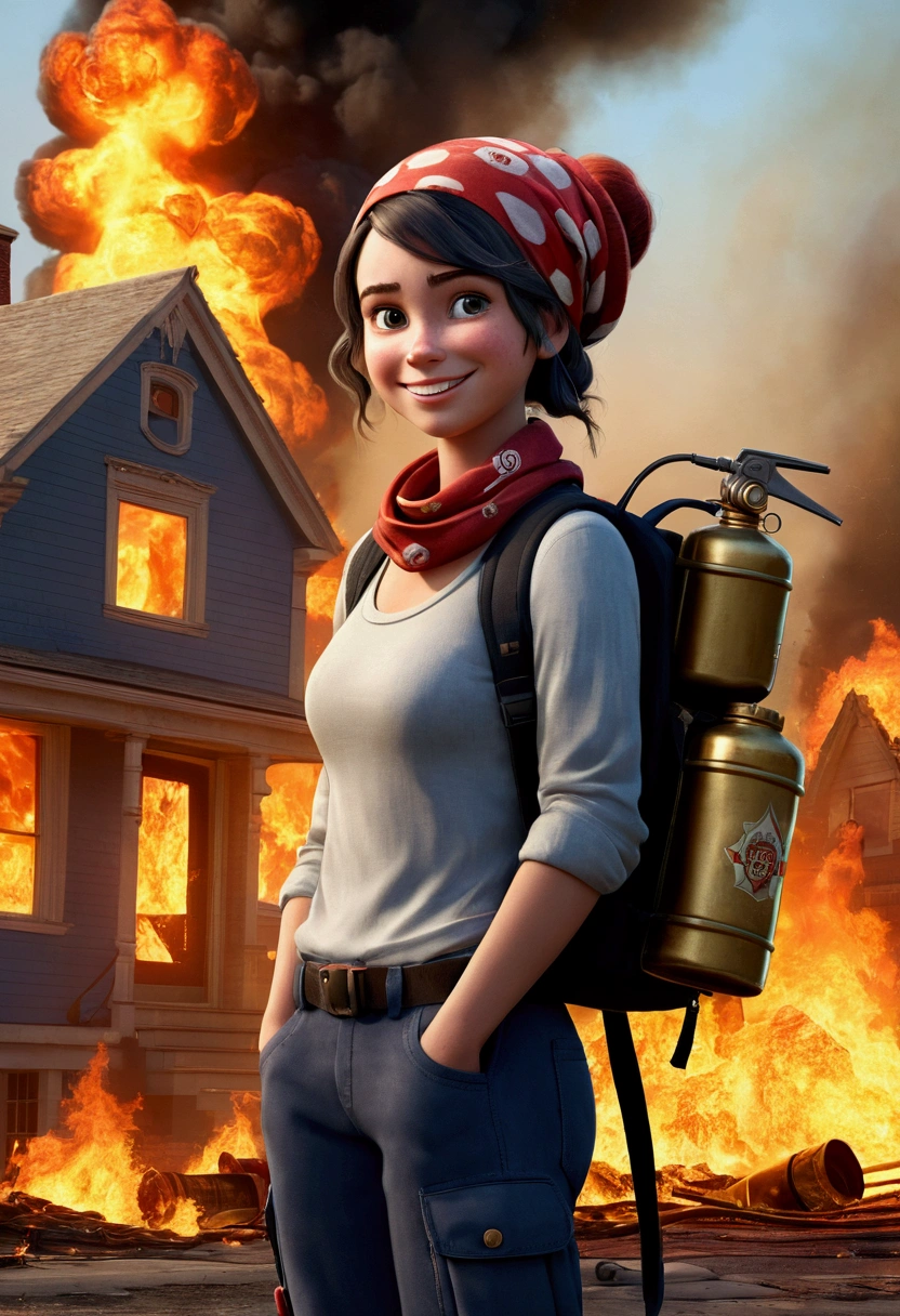 A Pixar/Disney style girl with a mischievous smile, with a bandana and a backpack loaded with grenades, dynamites, molotovs, bazookas and whatever else you want to add, with her body on the right side, in front of a burning house with firefighters at the side image background. ((text as if she was thinking: “I JUST WANT TO SEE THE CIRCUS CATCH FIRE” text in D3, capital letters, gold color, 3d render, typography, cinematic