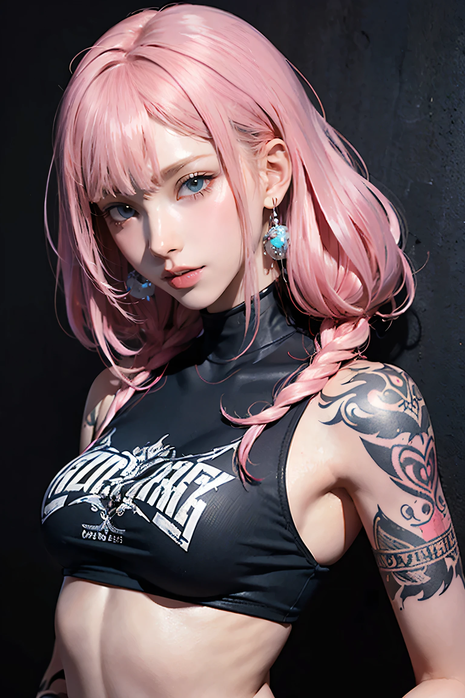 Pink Hair, Perfect Style, Beautiful Face, Highly detailed face and skin texture, (Maximum resolution: 1.2), 1 female, alone, Hip Up, jewelry, (((She has many tattoos all over her body)), Streetwear, I&#39;Exercising at the gym, Pink Hair, Shorts, Sports boots, (((Tight waist))), ((Big Breasts))