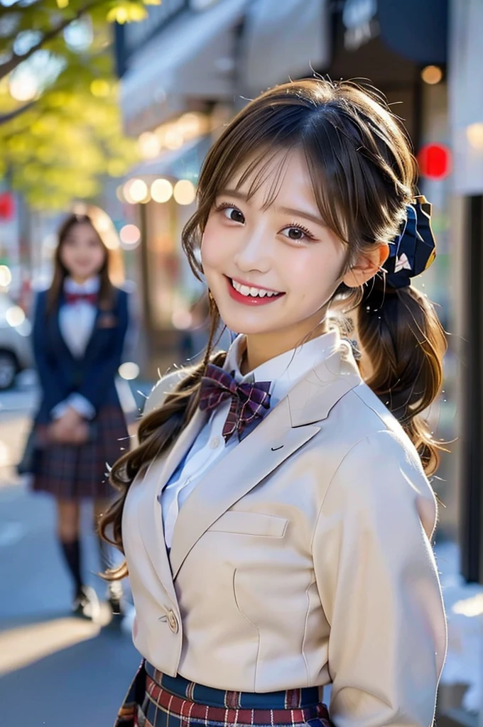 Three Beauties,3 girls, French Braid, Checked Skirt, a bow tie, winter blazer uniform, smile, big laugh