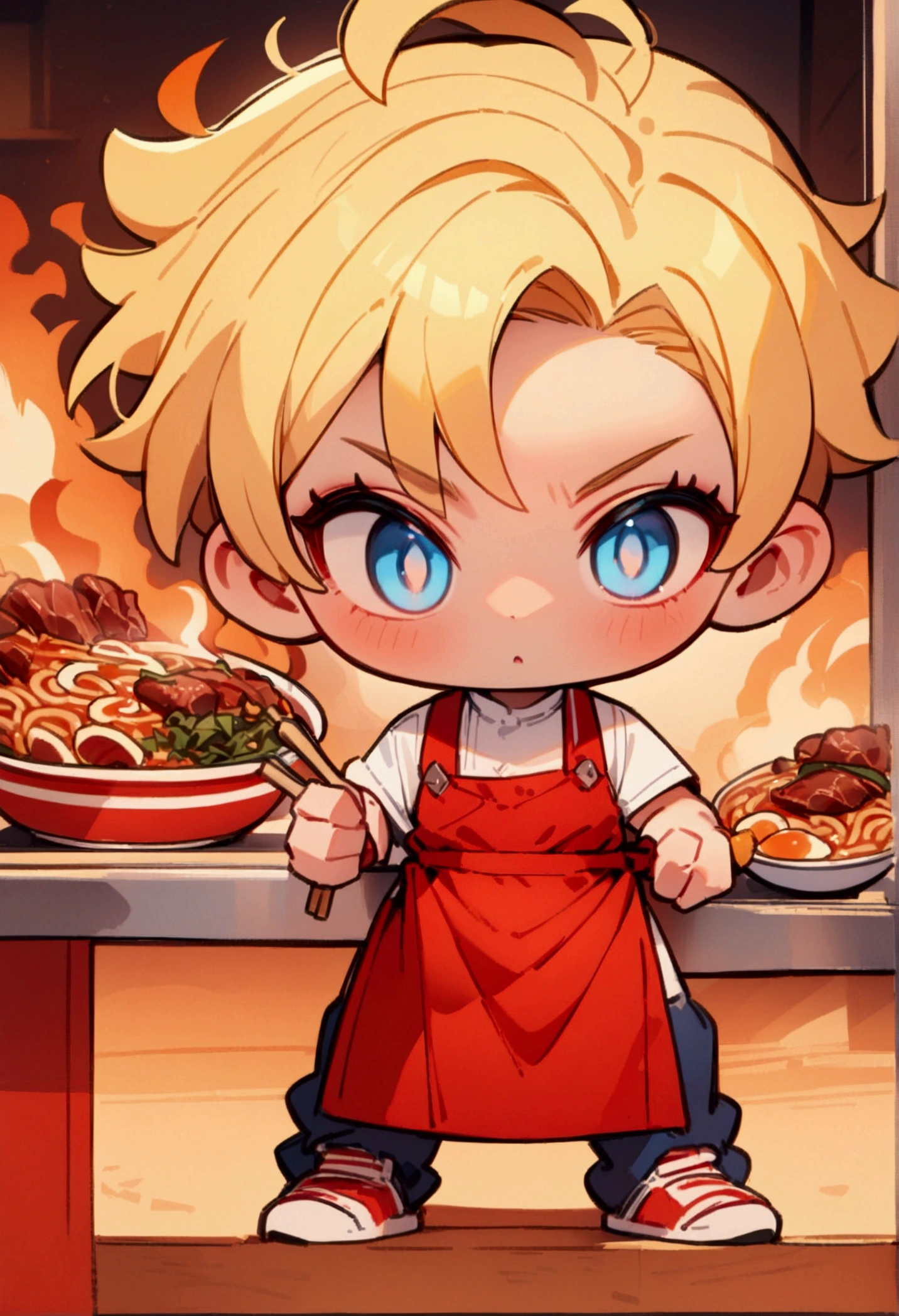 chibi style, best quality, masterpiece, 8K, HD, young man with short 'blond hair, blue eyes, wearing white shirt and red apron, dramatically cooking beef ramen, at a roadside stall, front view, full body, zoomed out, vibrant colors, highly detailed