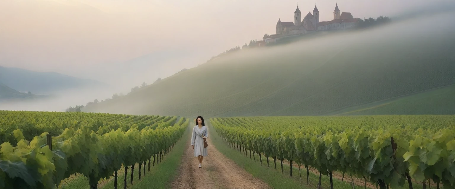Woman in a beautiful landscape 8K highest quality, Beautiful 36-year-old Korean woman, Chest size 34 inches, Passing through the vineyards in the Swiss countryside, the cathedral is visible through the early morning fog., The back background is realistic and vivid image quality, short medium hair, Casual and British - (summer jacket) ,Perfect and realistic photos, The background is realistic. Full body shot with Canon camera 16-35 wide angle lens, expressionless, Walking up a vineyard hill covered in thick fog., Looking at the front camera