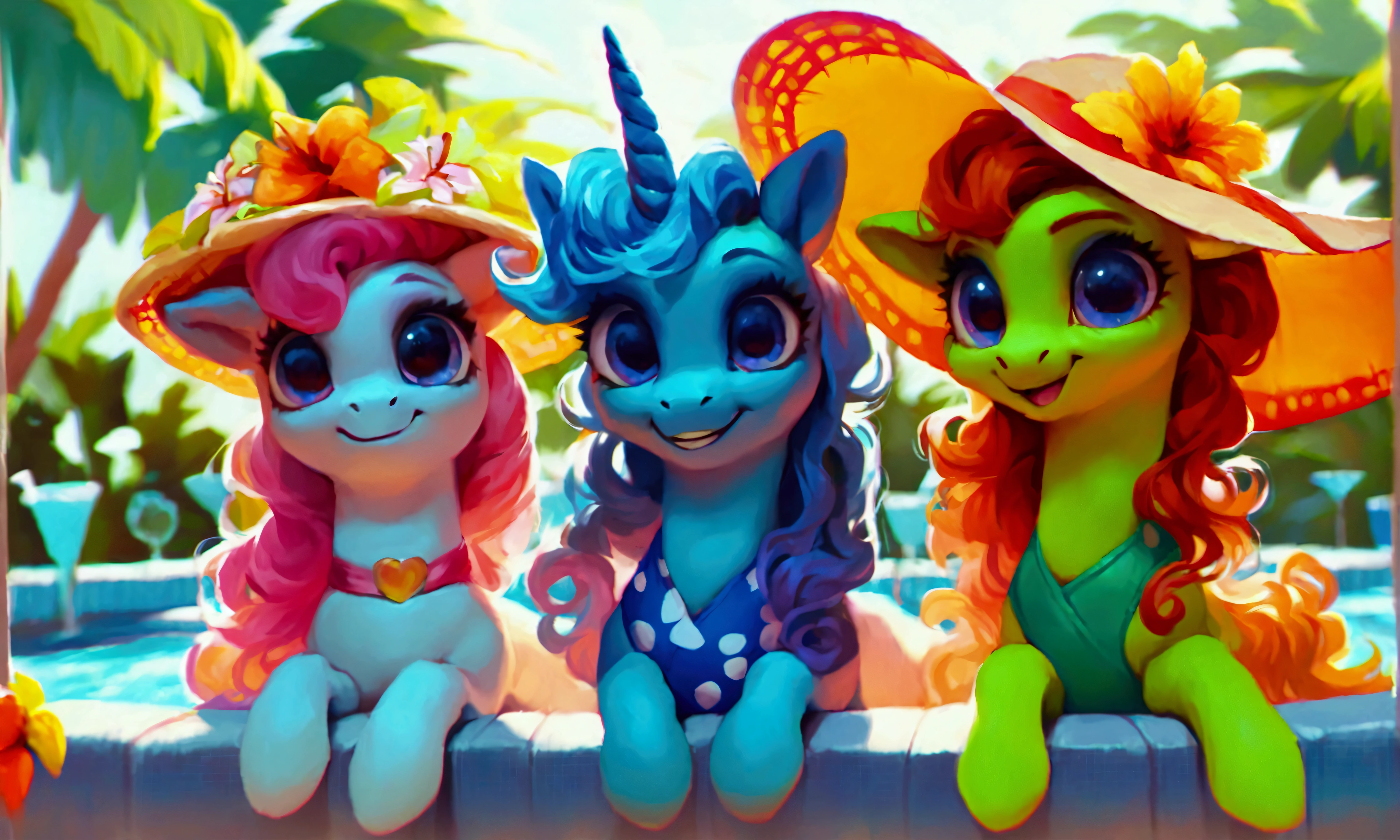 score_9, score_8_up, score_7_up, (three cute ponies sitting under umbrella at pool party:1.4), (((drinking cocktails))), wearing Goth accessories, wavy hair, sunlit, (((decorations))), summer dress with intricate design, tropical nature, (clouds:0.5), realistic retro artstyle, bright colors, rating_safe.
