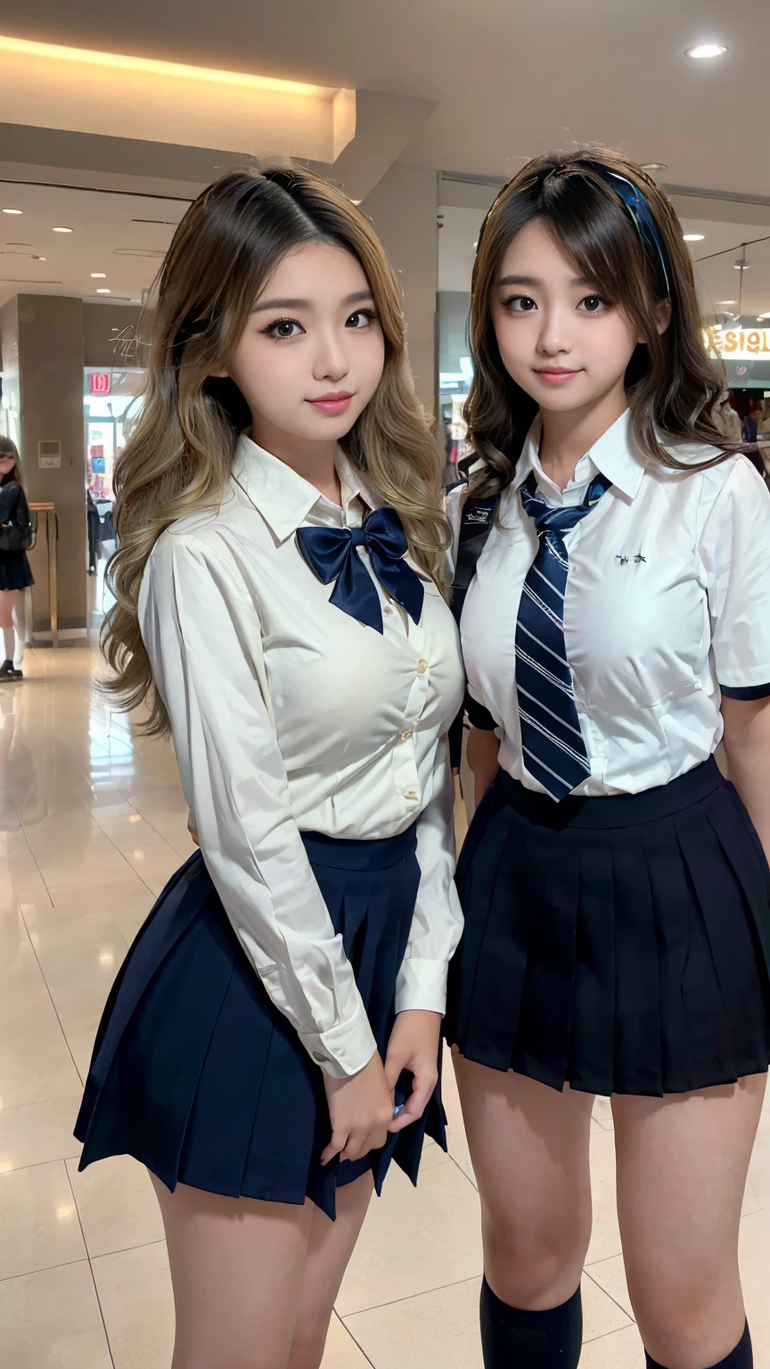 (scene; (Two women:1.8)), A gal of about the same height, (Two high school girls), (Shopping mall, Shopping Street, street, Outdoor), Full body portrait, Photograph the whole body, Are standing, (Tall, Thin thighs, Elongated arms and legs, Small waist, Small hips), ((Highly detailed skin), Beautiful realistic face, White skin, Pointed Chest, Perfect Anatomy, Realistic eyes, Natural Eyes, Brown eyes, Accurate eye focus, Accurate limbs), (Hyper Realist, Ultra-realistic, 4K, Attention to detail, Ultra-high resolution, Highest quality, masterpiece, Presence, dynamic, Uplifting, bold, Sharpness), (Big Breasts:1.5), (Cleavage:1.5), (Blonde long hair:1.5, loose wavy long hair:1.5, Loose curly hair:1.5), (sleek bangs), (Twin tail hair), ((White collared shirt, Navy pleated mini skirt, Navy colored socks, Black loafers, Ribbon tie)), High school girl in uniform, Surreal high school girl, tall, High school girls in uniform, smile, Cleavageを強調, (Are standingTwo high school girls:1.8),