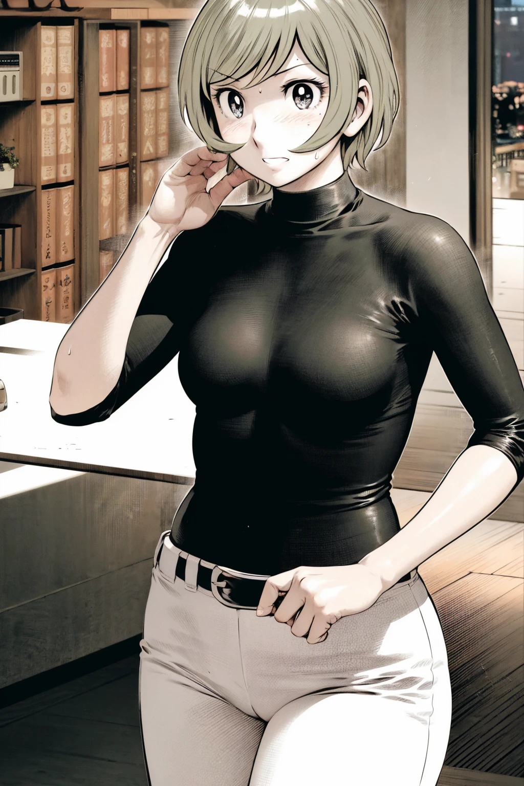 、(masterpiece、Highest quality)、Highest quality, Ultra-high resolution, (((masterpiece))), alone, Sweat、Big eyes,Tight black shirt、Tight white pants、belt、indoor、Composition from the front、（後ろCut your hair short、short hair、blonde、woman）、Shortcuts、Embarrassed face、Cut your hair short、可愛いwomanの子、Big Breasts、office