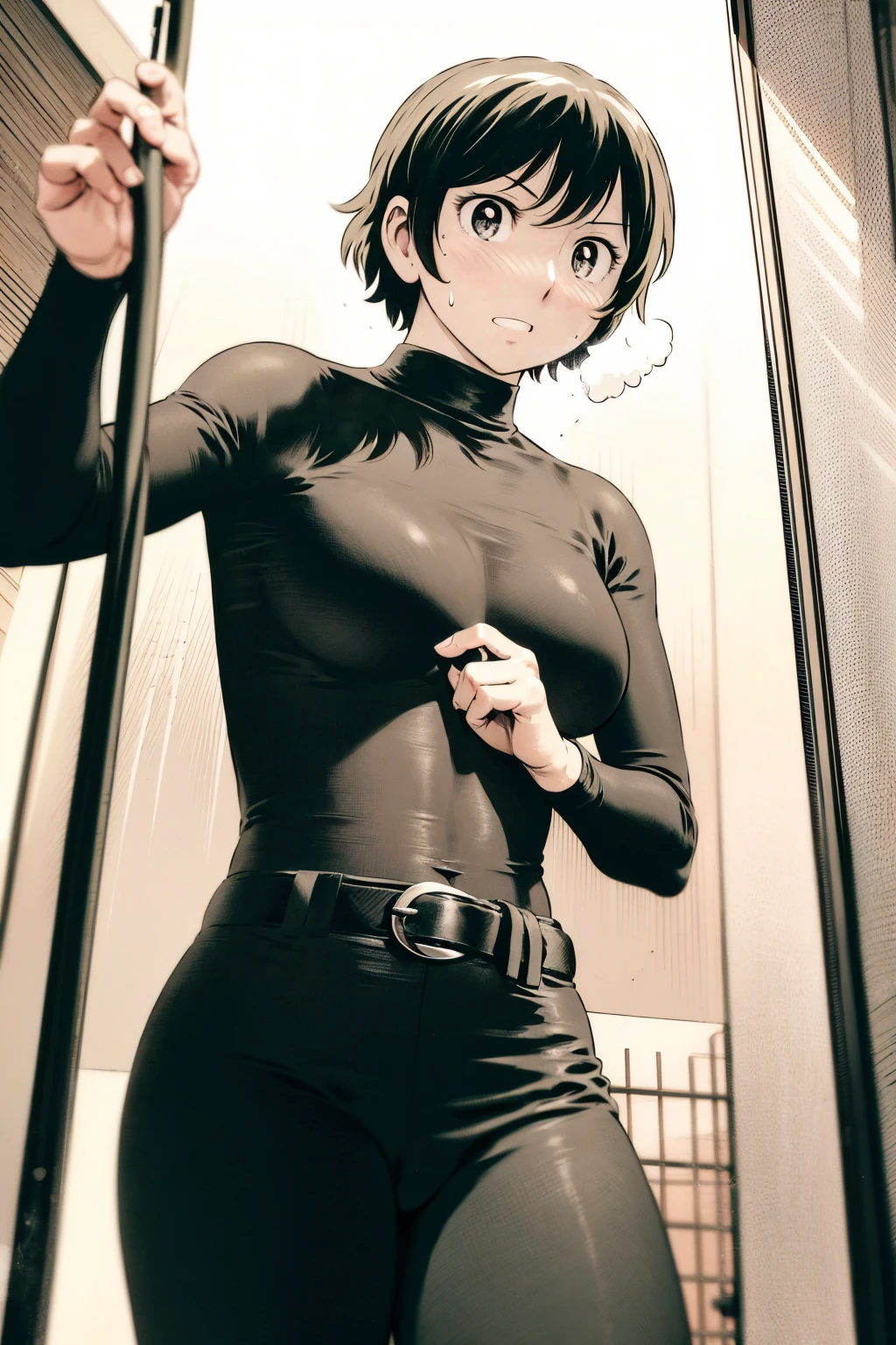 、(masterpiece、Highest quality)、Highest quality, Ultra-high resolution, (((masterpiece))), alone, Sweat、Big eyes,Tight black shirt、Tight white pants、belt、indoor、Composition from the front、(後ろCut your hair short、short hair、blonde、woman)、Shortcuts、Embarrassed face、Cut your hair short、可愛いwomanの子、Big Breasts、office