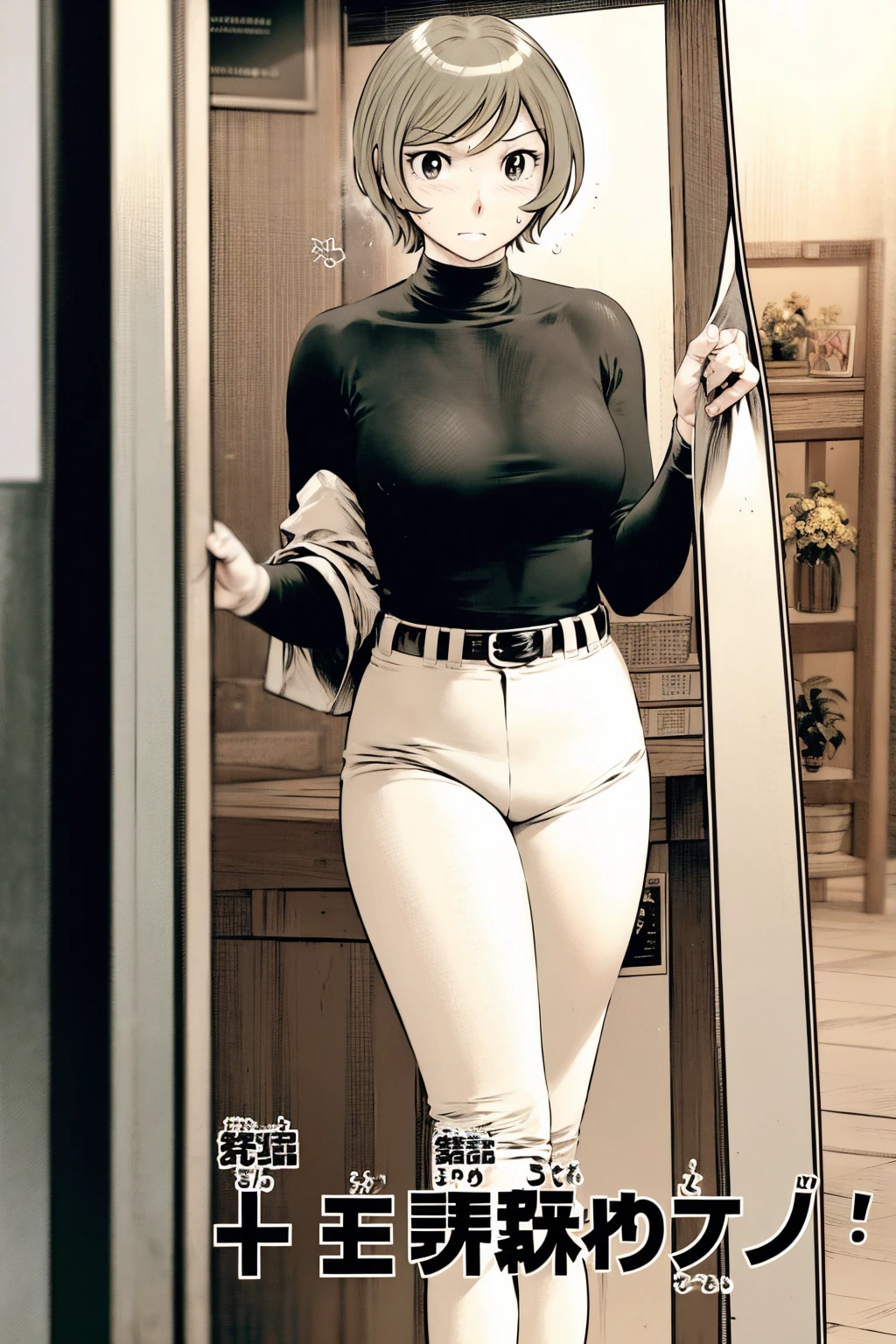 、(masterpiece、Highest quality)、Highest quality, Ultra-high resolution, (((masterpiece))), alone, Sweat、Big eyes,Tight black shirt、Tight white pants、belt、indoor、Composition from the front、(後ろCut your hair short、short hair、blonde、woman)、Shortcuts、Embarrassed face、Cut your hair short、可愛いwomanの子、Big Breasts、office