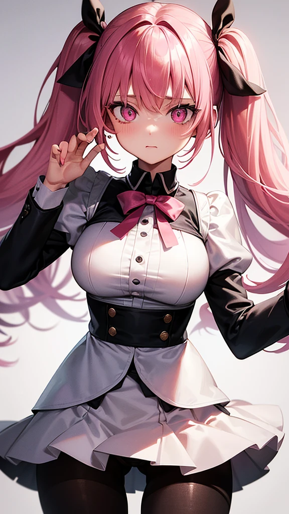 (Highest quality,Very detailed,1 Girl),Wearing black tights,Pink Hair,height: 160cm,cute,Pink Eyes,Twin tails,Big Breasts,Wear a uniform,Her eyes are white and shining,Look at me from up close,Has bright white eyes,He has an embarrassed look on his face.,Pink underwear is visible,