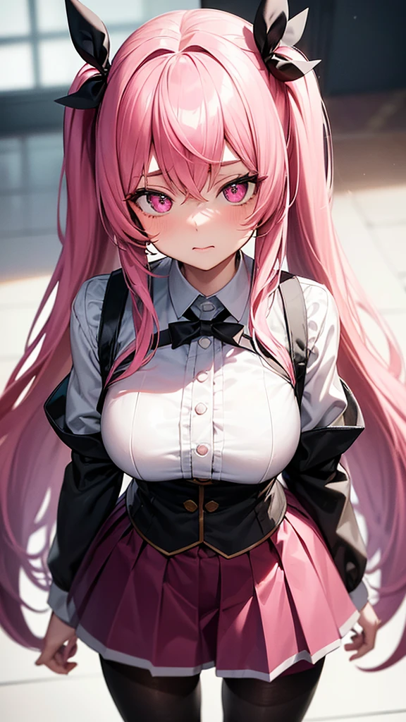 (Highest quality,Very detailed,1 Girl),Wearing black tights,Pink Hair,height: 160cm,cute,Pink Eyes,Twin tails,Big Breasts,Wear a uniform,Her eyes are white and shining,Look at me from up close,Has bright white eyes,He has an embarrassed look on his face.,Pink underwear is visible,