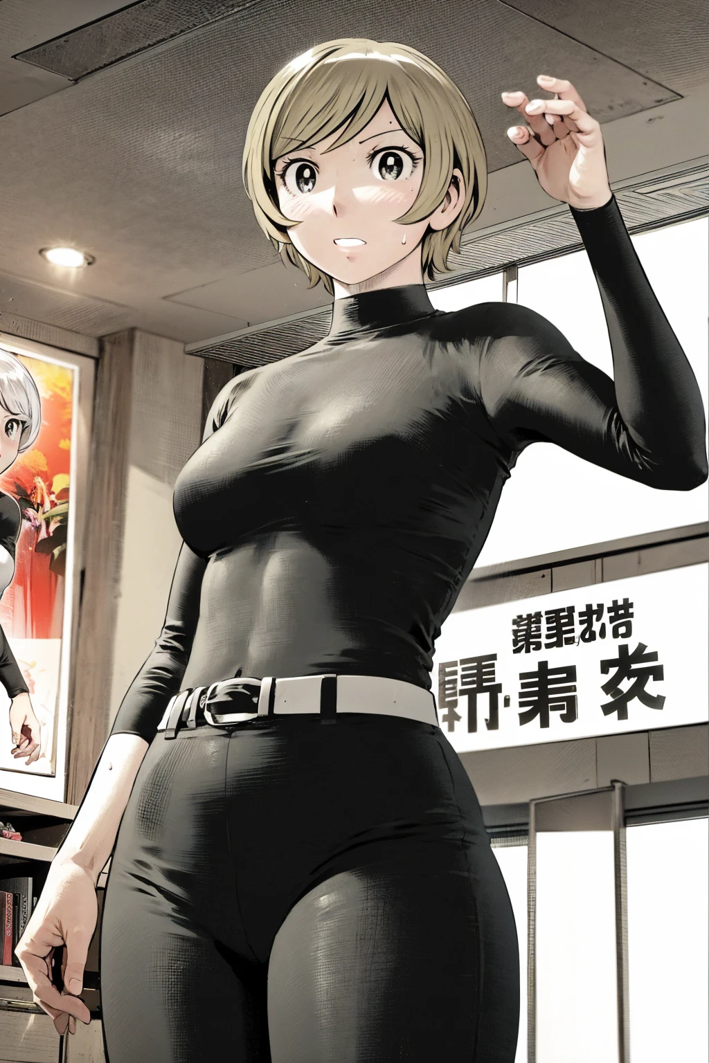 、(masterpiece、Highest quality)、Highest quality, Ultra-high resolution, (((masterpiece))), alone, Sweat、Big eyes,Tight black shirt、Tight white pants、belt、indoor、Composition from the front、（後ろCut your hair short、short hair、blonde、woman）、Shortcuts、Embarrassed face、Cut your hair short、可愛いwomanの子、Big Breasts、office