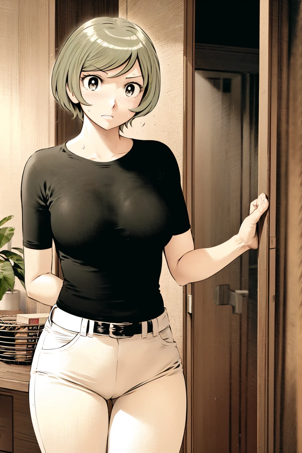 、(masterpiece、Highest quality)、Highest quality, Ultra-high resolution, (((masterpiece))), alone, Sweat、Big eyes,Tight black shirt、Tight white pants、belt、indoor、Composition from the front、(後ろCut your hair short、short hair、blonde、woman)、Shortcuts、Embarrassed face、Cut your hair short、可愛いwomanの子、Big Breasts、office
