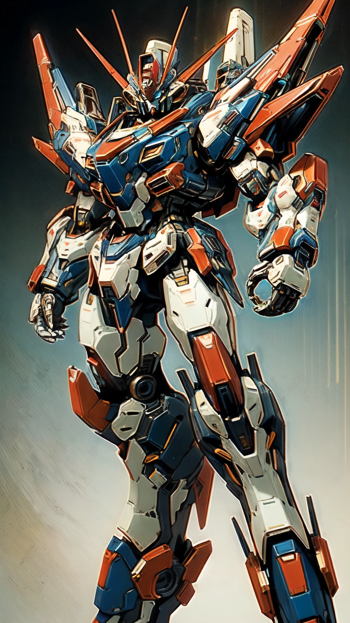 (masterpiece:1.5, best quality:1.5, extremely delicate:1.5, foreshortening:1.5, dynamic angle:1.5), humanoid Mecha, fully enclosed shoulder guards, matching arm and leg guards, full body, full armor, the design balances heavy with agility, (the color scheme is primarily white with red and blue accents, the concept Inspired by Super robot, organic biotech armor, standing, floating high above the futuristic sci-fi city), exquisite and mature art style, (aura effect, energy, glowing eyes, the armor glows), ((SRS)), metallic, dramatic, high definition, highres, ultra-detailed, ultra-fine painting, professional, perfect body proportions, anatomically correct, symmetrical face, extremely detailed eyes and face, high quality eyes, creativity, RAW photo, UHD, 32k, Natural light, cinematic lighting, masterpiece-anatomy-perfect