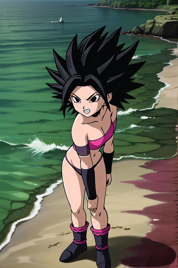 masterpiece, caulifla, black hair, spiked hair, black eyes, pink top, bracer, from above, standing, beach, bikini