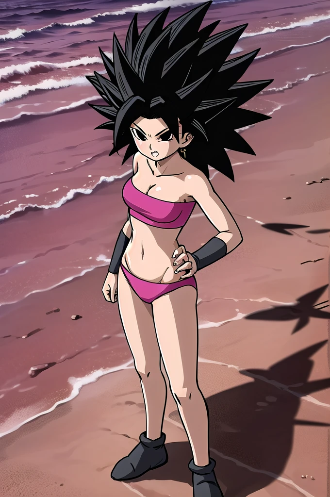 masterpiece, caulifla, black hair, spiked hair, black eyes, pink top, bracer, from above, standing, beach, bikini