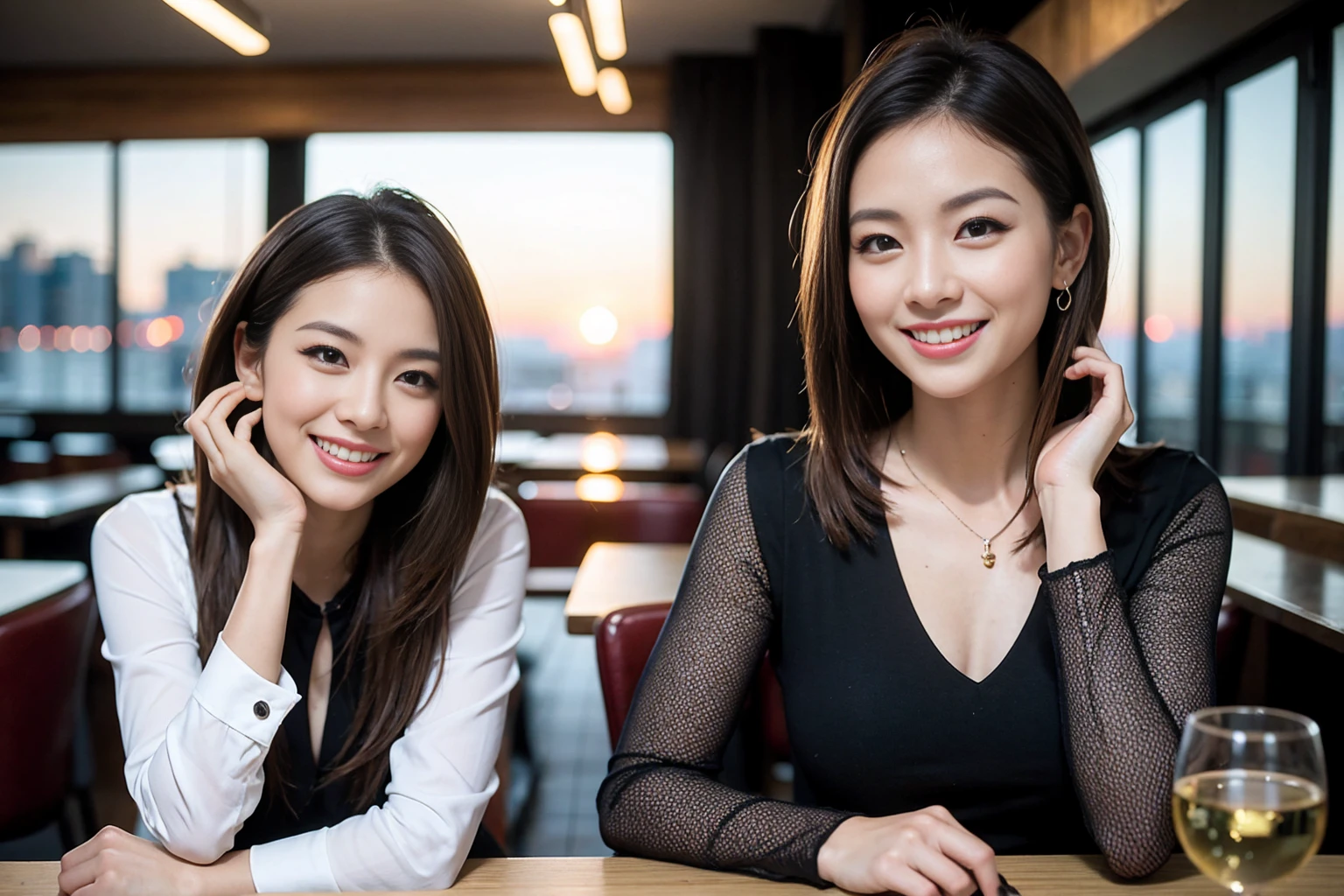 ((Highest quality、8K、masterpiece:1.3))、cute、slimカップル、modelカップル、actress男優、(Realistic, Intricate details:1.2), full-course dinner、Wine Party、Amazing view of the sunset sky and clouds、A bright smile、short hair,Bright Face、 (Age 37), Age 34, red wine 、Appetizers、Italian food、Wine bottle、Champagne、sparkling wine、Two beauties、Brown Hair、Shortcuts、Long sleeve shirt、dress、Beautiful woman 1, (slimな顔), (The body is slim), (Brown Hair), (Shortcuts), cheeks turn a little red,Attractive beauty、restaurant, In a prominent place (From the waist up) Nova Frog Style, actress, model, Upper Body, White wine, slim, wine glass, 中央に置かれたwine glass, smile, (smile: 1.15), Beautiful fine grain, Depth f/2,saturation, High Contrast, Strong light and shadow,Moist Body:1.5、3D texture、Delicate eyes、Brown Hair、The hair is very shiny、