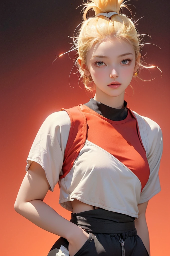 A 20-year-old female,Blonde,(High-top gradient:1.4),Dark theme,Soothing Tones,Soft colors,High contrast,(Natural skin texture, Surrealism, Soft Light, sharp),Above the waist,fashion design,Black sports vest,Joggers,(Red background:1.1),Simple background,