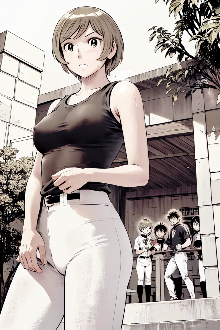 (野球uniform:1.2),
blonde, (short hair:1.2),Long sleeve, Black Shirt, White trousers、uniform、Black belt、((Illustration of people))、Tank top、
View your viewers,, (Highest quality:1.3),One Girl, White pants、uniform、Outdoor、baseball ground、ground、soil、blue eyes、Tight black shirt、(masterpiece、Highest quality)、Highest quality, Ultra-high resolution, (((masterpiece))), alone, Sweat、Big eyes、Large breasts、Torn clothes、 Fully exposed、Nipples、One Girl, Front view、Embarrassed face、Bronze colored hair、((short hair))、Stand up straight、Cowboy Shot
