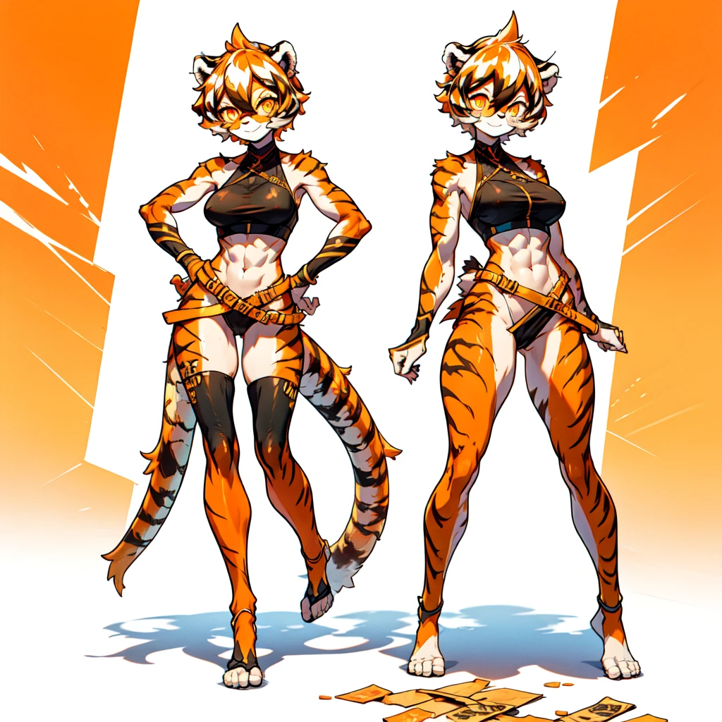 white background, full body, ((furry female:1.2)), Standing, animal ears, white hair, black hair, round eyewear, short hair, large breasts, muscle, tail, orange eyes, orange hair, multicolored hair, tiger girl, hair between eyes, tiger_ears, tiger_tail, orange-tinted_eyewear, tinted_eyewear, big breasts, evil smile, Shadows under feet, Abdominal muscles, (((Hooker outfit:1.2))), show body，NSFW，gold and lof of gold