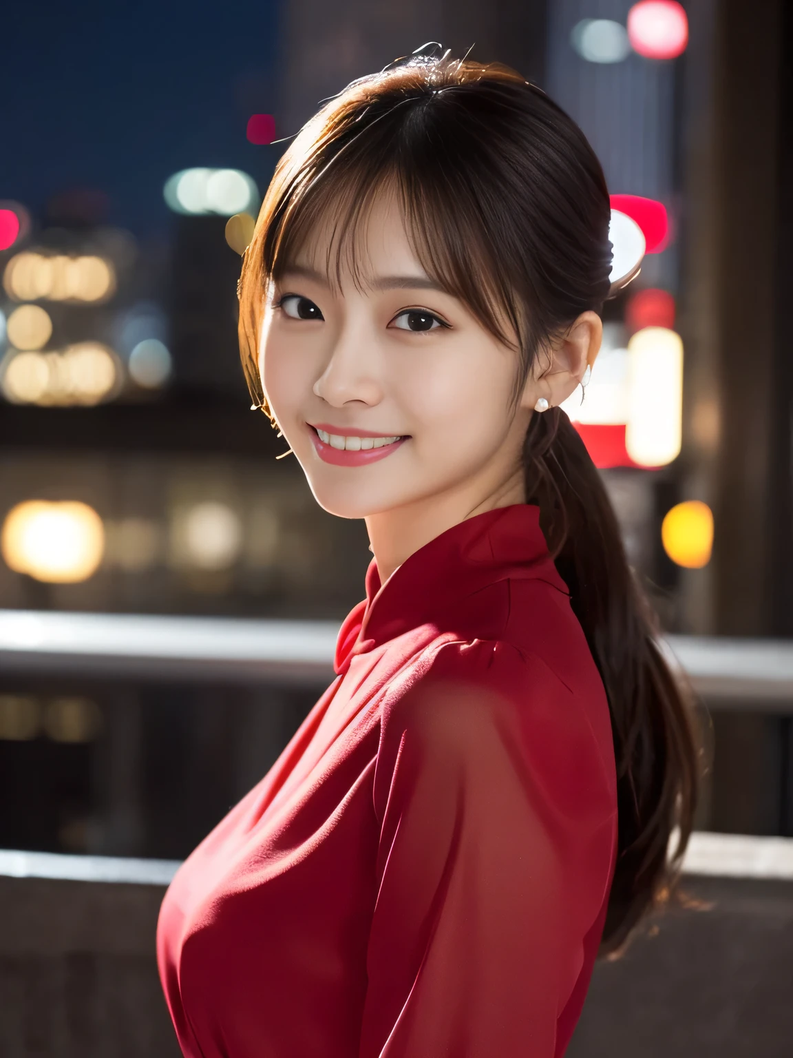 1 girl, (wearing a red blouse:1.2), Beautiful Japan actress,
(RAW photo, highest quality), (realistic, Photoreal:1.4), masterpiece, 
very delicate and beautiful, very detailed, 2k wallpaper, wonderful, 
finely, Very detailed CG Unity 8K 壁紙, super detailed, High resolution, 
soft light, beautiful detailed girl, very detailed目と顔, beautifully detailed nose, beautiful and fine eyes, normal size cheist,
cinematic lighting, Against the backdrop of the cityscape at night, city lights, perfect anatomy, slender body, smile, Random body orientation,