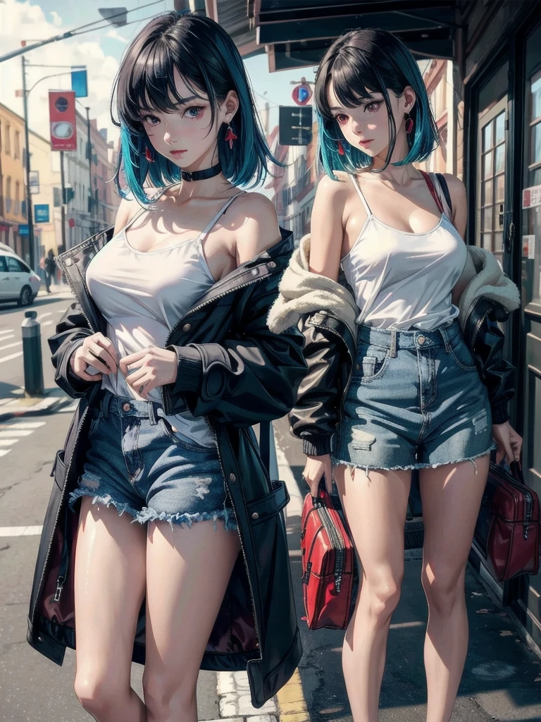 absurdres, RAW photo, extremely delicate and beautiful, masterpiece, Best Quality, ultra high resolution, 32k, hyperrealistic, ultra-detailed, perfect figure, in her 20s, very small head, very small face, delicate facial features, tearful mole, earring, very huge breasts, bare legs, full body shot, medium hair, red eyes, colored inner hair, student, duffle coat,