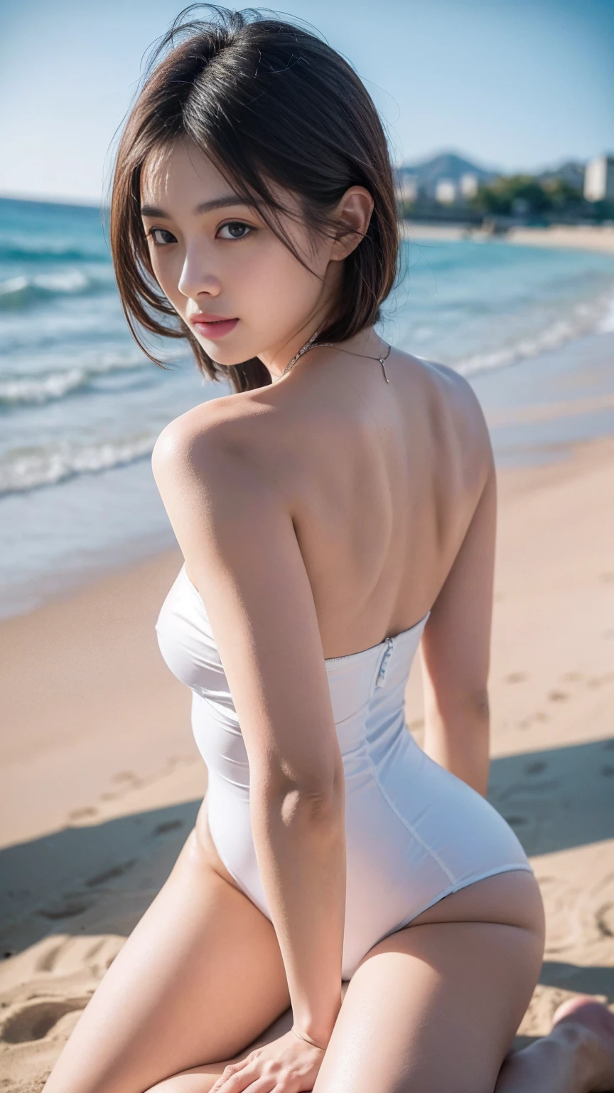 ((best quality, 8K, masterpiece, very detailed, ultra high resolution, realistic, raw photo, absurd, absolute resolution:1.5)), Pretty Japanese gravure model, 1 woman, shy smile:1.8, bob cut, big bust, ((strapless leotard)), (kneeling on the beach, spread legs), very detailed 얼굴, very detailed 입술, detailed eyes, double eyelid