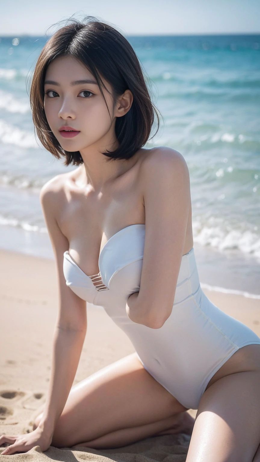 ((best quality, 8K, masterpiece, very detailed, ultra high resolution, realistic, raw photo, absurd, absolute resolution:1.5)), Pretty Japanese gravure model, 1 woman, shy smile:1.8, bob cut, big bust, ((strapless leotard)), (kneeling on the beach, spread legs), very detailed 얼굴, very detailed 입술, detailed eyes, double eyelid
