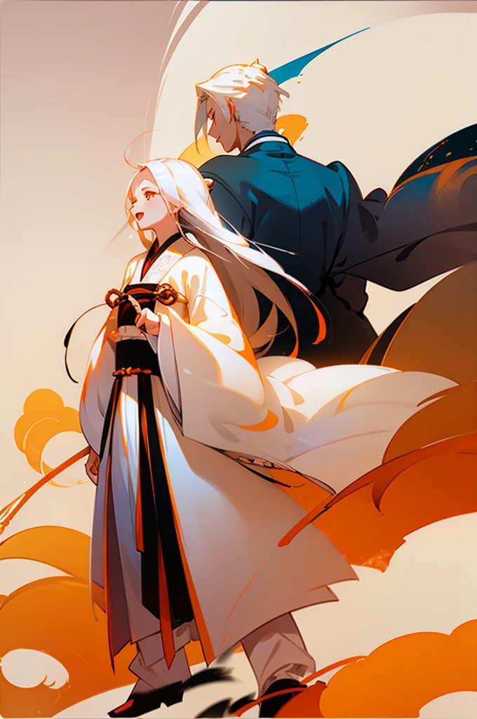 high quality , one white hair girl and one white hair boy, long hair, wuxia character, ((white clothes with blue and orange accent)), ink painting background, flat background, minimalist background, wind pattern background, smiling, standing back to back, white background, cinematic lingting, open mouth, bust shot