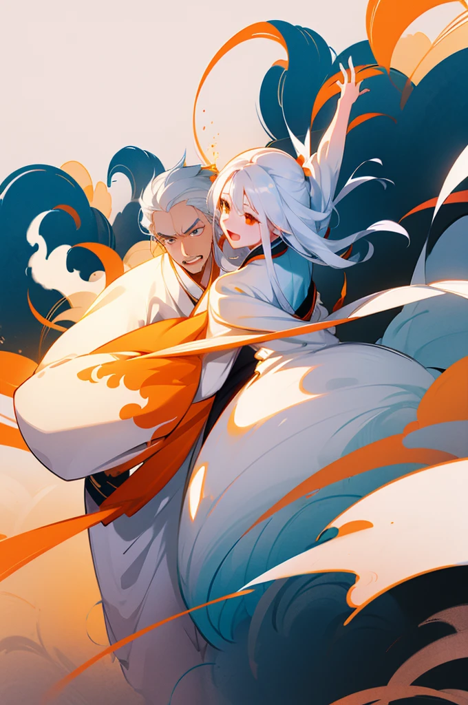 high quality , one white hair girl and one white hair boy, long hair, wuxia character, ((white clothes with blue and orange accent)), ink painting background, flat background, minimalist background, wind pattern background, smiling, standing back to back, white background, cinematic lingting, open mouth, bust shot