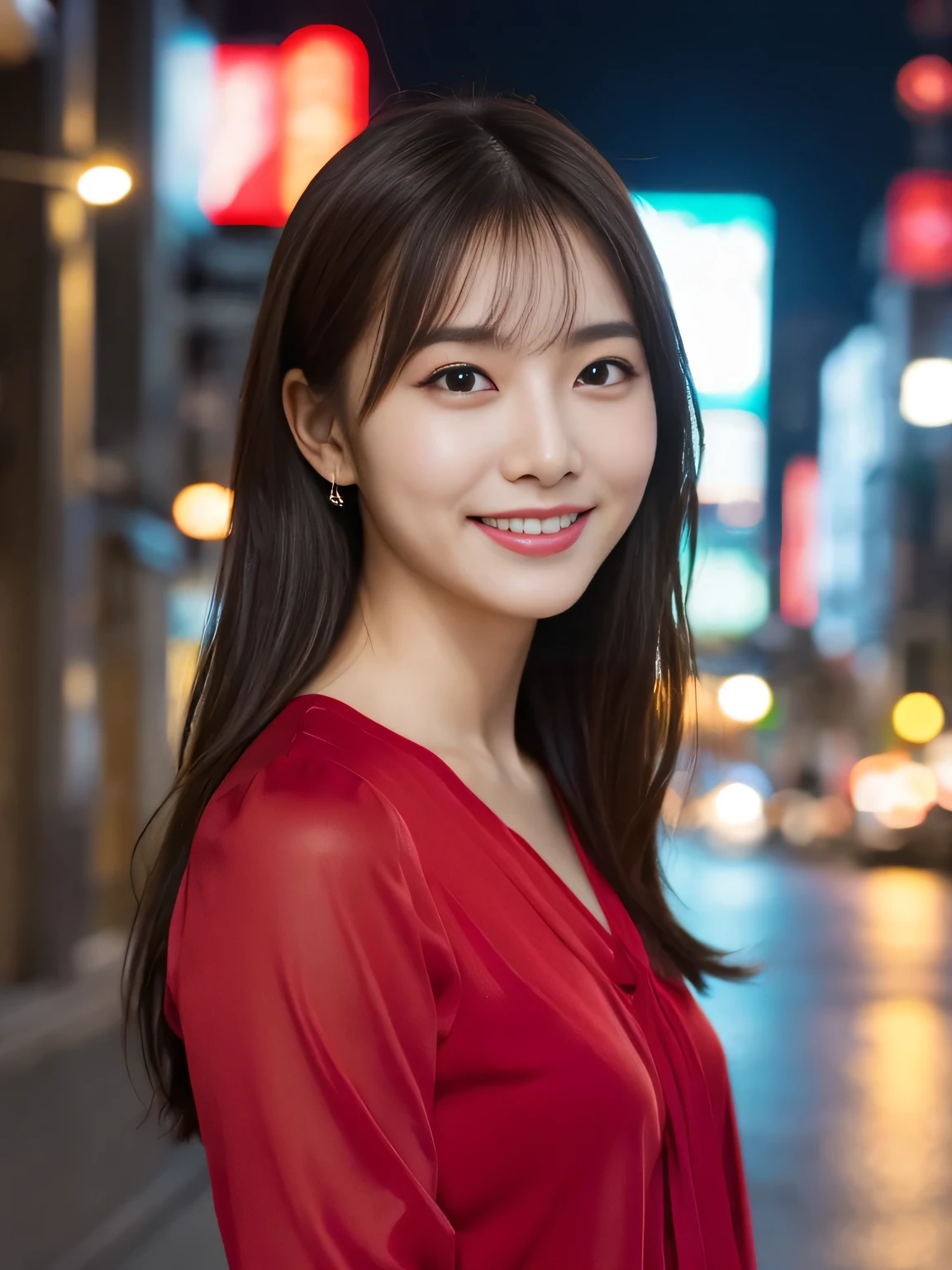 1 girl, (wearing a red blouse:1.2), Beautiful Japan actress,
(RAW photo, highest quality), (realistic, Photoreal:1.4), masterpiece, 
very delicate and beautiful, very detailed, 2k wallpaper, wonderful, 
finely, Very detailed CG Unity 8K 壁紙, super detailed, High resolution, 
soft light, beautiful detailed girl, very detailed目と顔, beautifully detailed nose, beautiful and fine eyes, normal size cheist,
cinematic lighting, Against the backdrop of the cityscape at night, city lights, perfect anatomy, slender body, smile, Random body orientation,