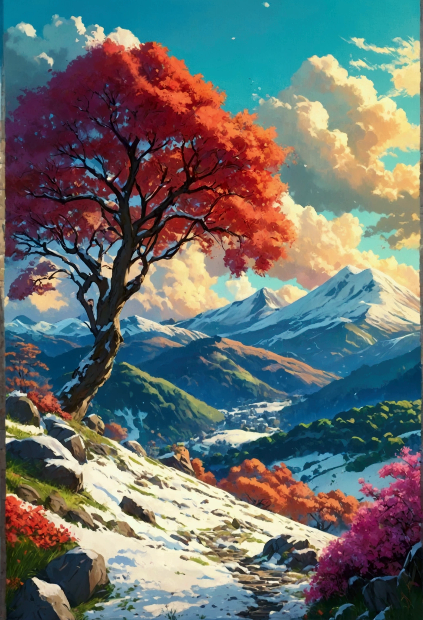 realistic landscape, anime style, idyllic countryside, rolling hills, snow-capped mountains in background, fluffy clouds, lush vegetation, vibrant colors, serene atmosphere, warm lighting, highly detailed, 8k, photorealistic, masterpiece
