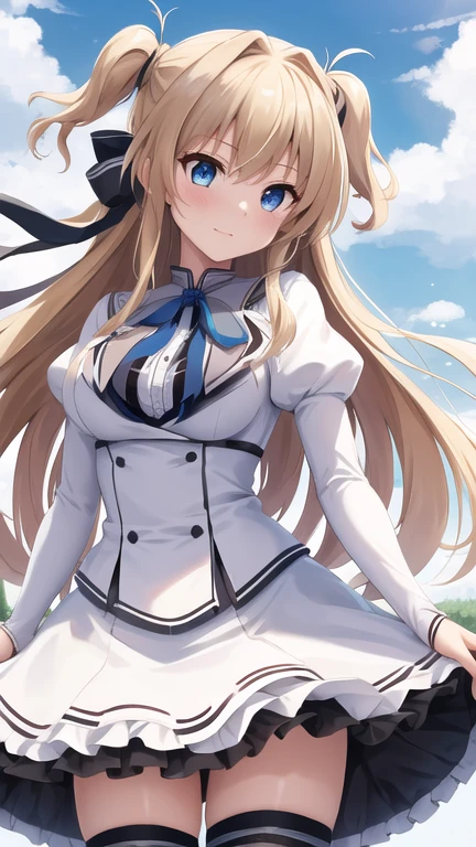 masterpiece, best quality, highres, 1girl, solo, long hair, blonde hair, two side up, (hair ribbon:1.1), blue eyes, neck ribbon, , white jacket, juliet sleeves, long sleeves, white skirt, thigh ribbon, black thighhighs, outdoors, cowboy shot, standing,