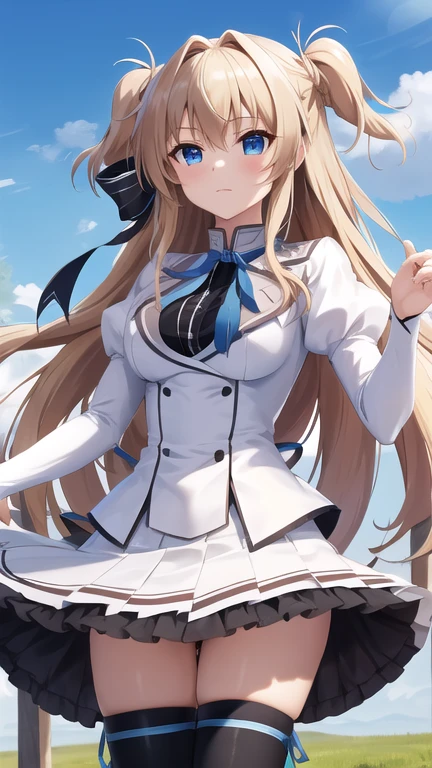 masterpiece, best quality, highres, 1girl, solo, long hair, blonde hair, two side up, (hair ribbon:1.1), blue eyes, neck ribbon, , white jacket, juliet sleeves, long sleeves, white skirt, thigh ribbon, black thighhighs, outdoors, cowboy shot, standing,