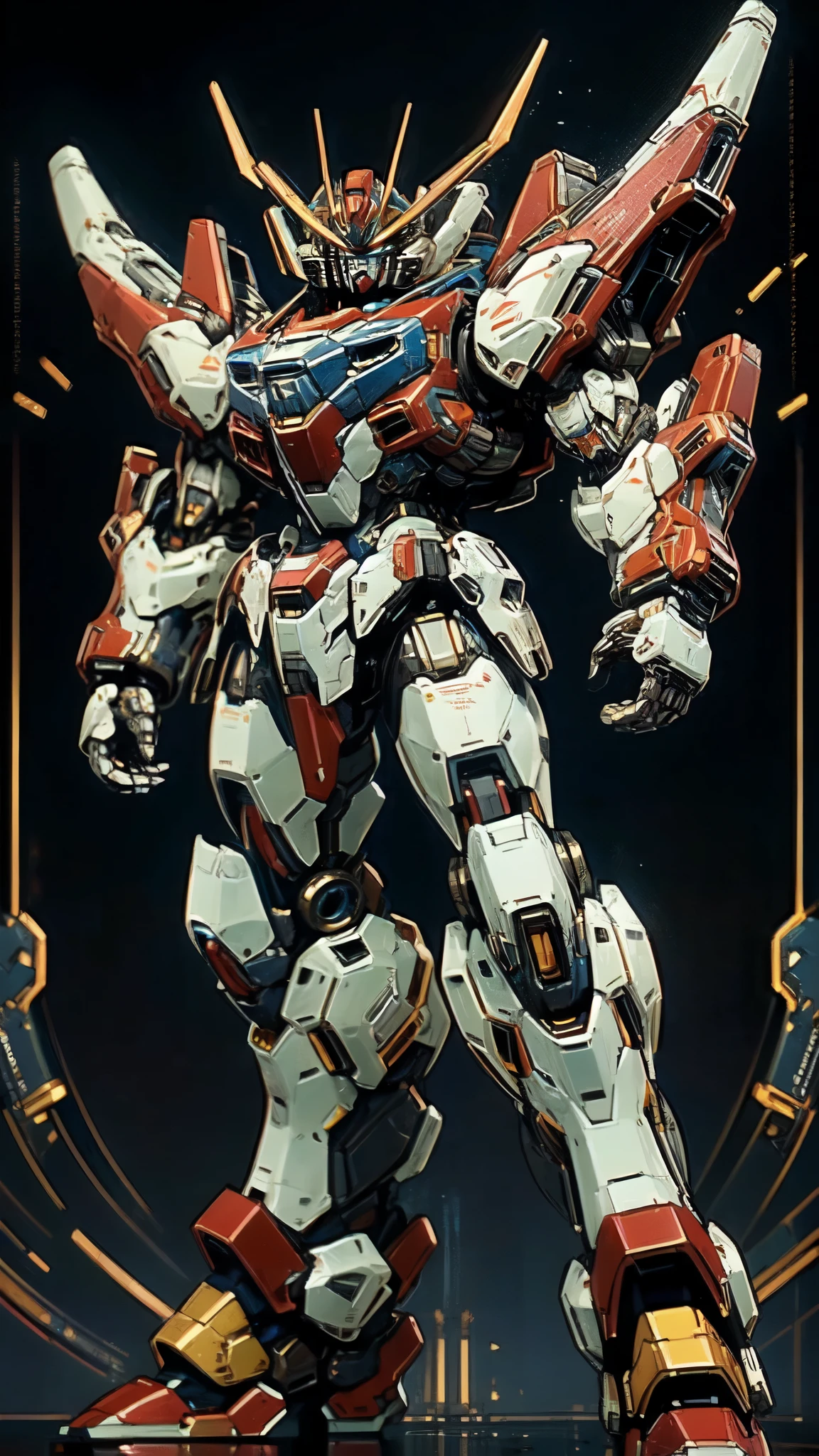 (masterpiece:1.5, best quality:1.5, extremely delicate:1.5, foreshortening:1.5, dynamic angle:1.5), humanoid Mecha, fully enclosed shoulder guards, matching arm and leg guards, full body, full armor, the design balances heavy with agility, (the color scheme is primarily white with red and blue accents, the concept Inspired by Super robot, organic biotech armor, standing, floating high above the futuristic sci-fi city), exquisite and mature art style, (aura effect, energy, glowing eyes, the armor glows), ((SRS)), metallic, dramatic, high definition, highres, ultra-detailed, ultra-fine painting, professional, perfect body proportions, anatomically correct, symmetrical face, extremely detailed eyes and face, high quality eyes, creativity, RAW photo, UHD, 32k, Natural light, cinematic lighting, masterpiece-anatomy-perfect