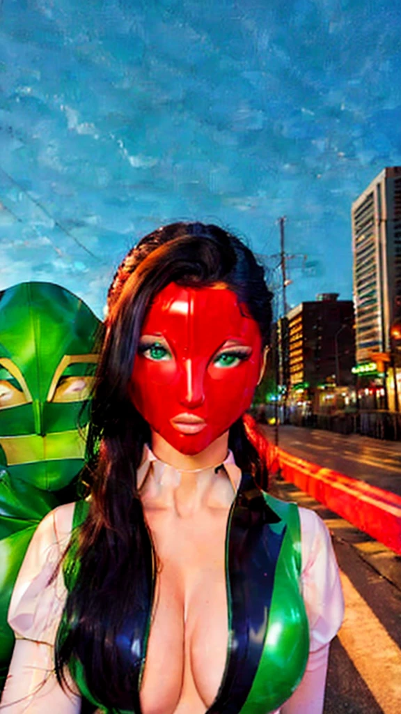 masterpiece, best quality, 1girl, black hair, blue eyes, green lantern costume, white gloves, cityscape background 