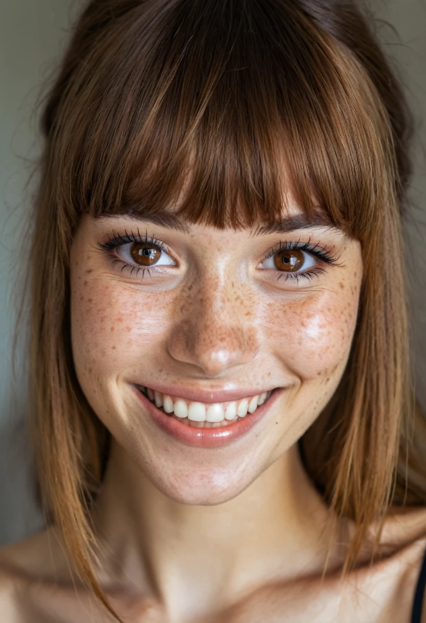 beautiful lady, (freckles), big smile, brown hazel eyes, Full Bangs, dark makeup, hyperdetailed photography, soft light, head and shoulders portrait, cover