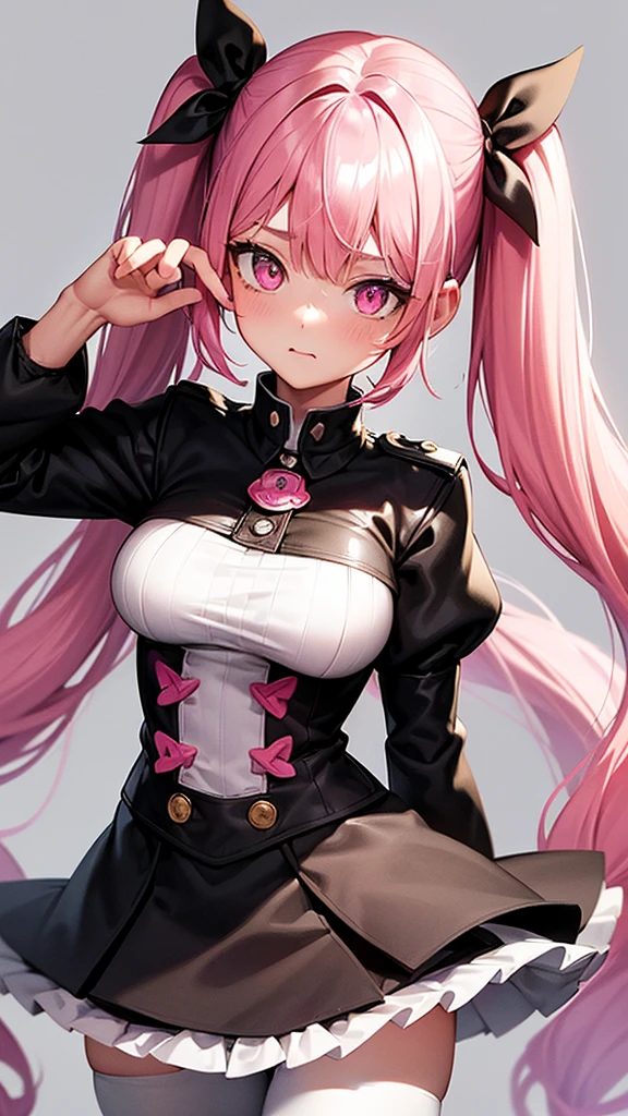 (Highest quality,Very detailed,1 Girl),Wearing black tights,Pink Hair,height: 160cm,cute,Pink Eyes,Twin tails,Big Breasts,Wear a uniform,Her eyes are white and shining,Look at me from up close,Has bright white eyes,He has an embarrassed look on his face.,Pink underwear is visible,